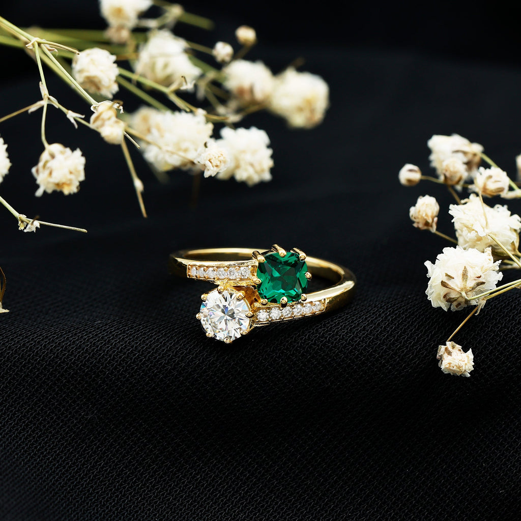 Lab Created Emerald and Moissanite Two Stone Engagement Ring in Silver