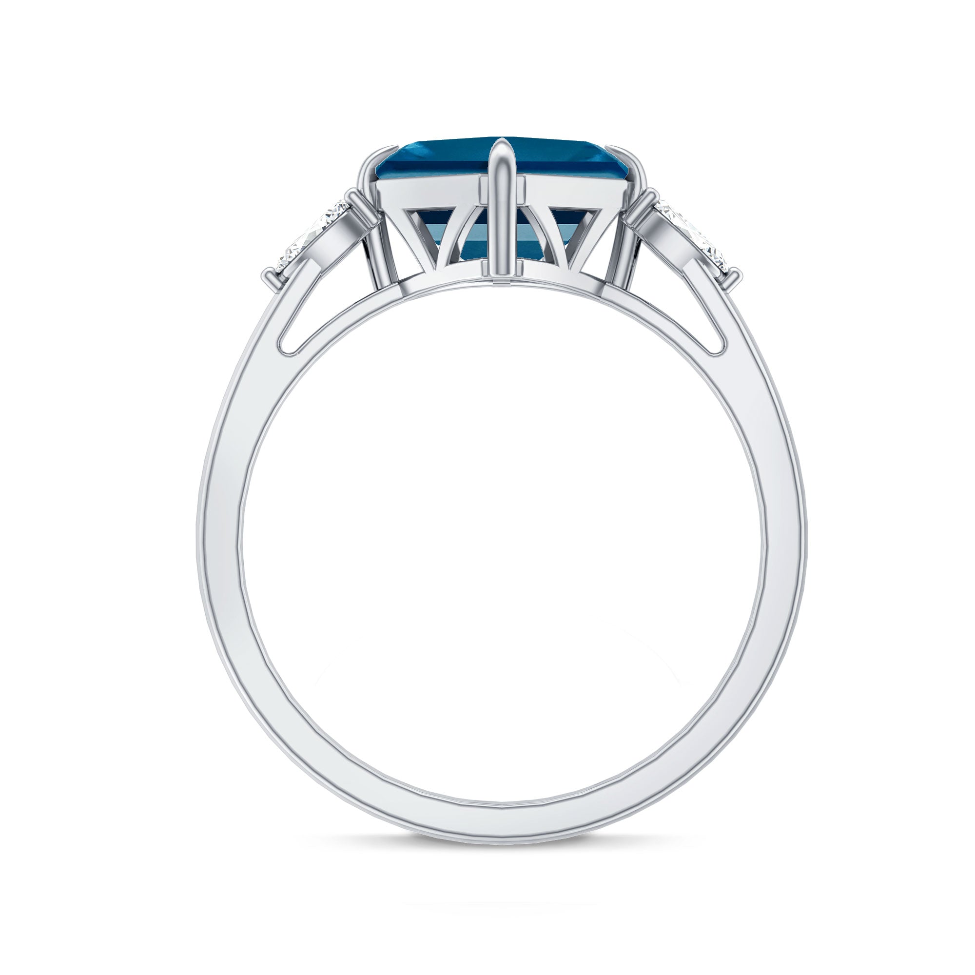 8mm Asscher Cut London Blue Topaz Diagonal Solitaire Ring with Marquise Diamond