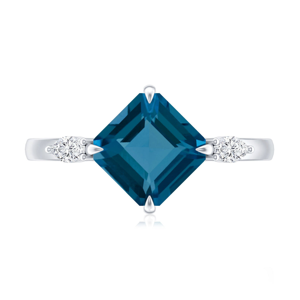 8mm Asscher Cut London Blue Topaz Diagonal Solitaire Ring with Marquise Diamond
