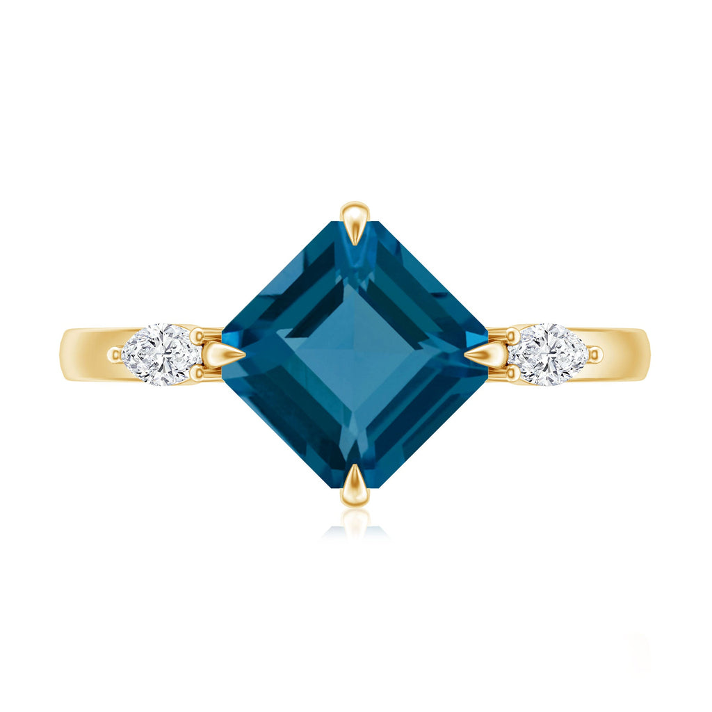 8mm Asscher Cut London Blue Topaz Diagonal Solitaire Ring with Marquise Diamond