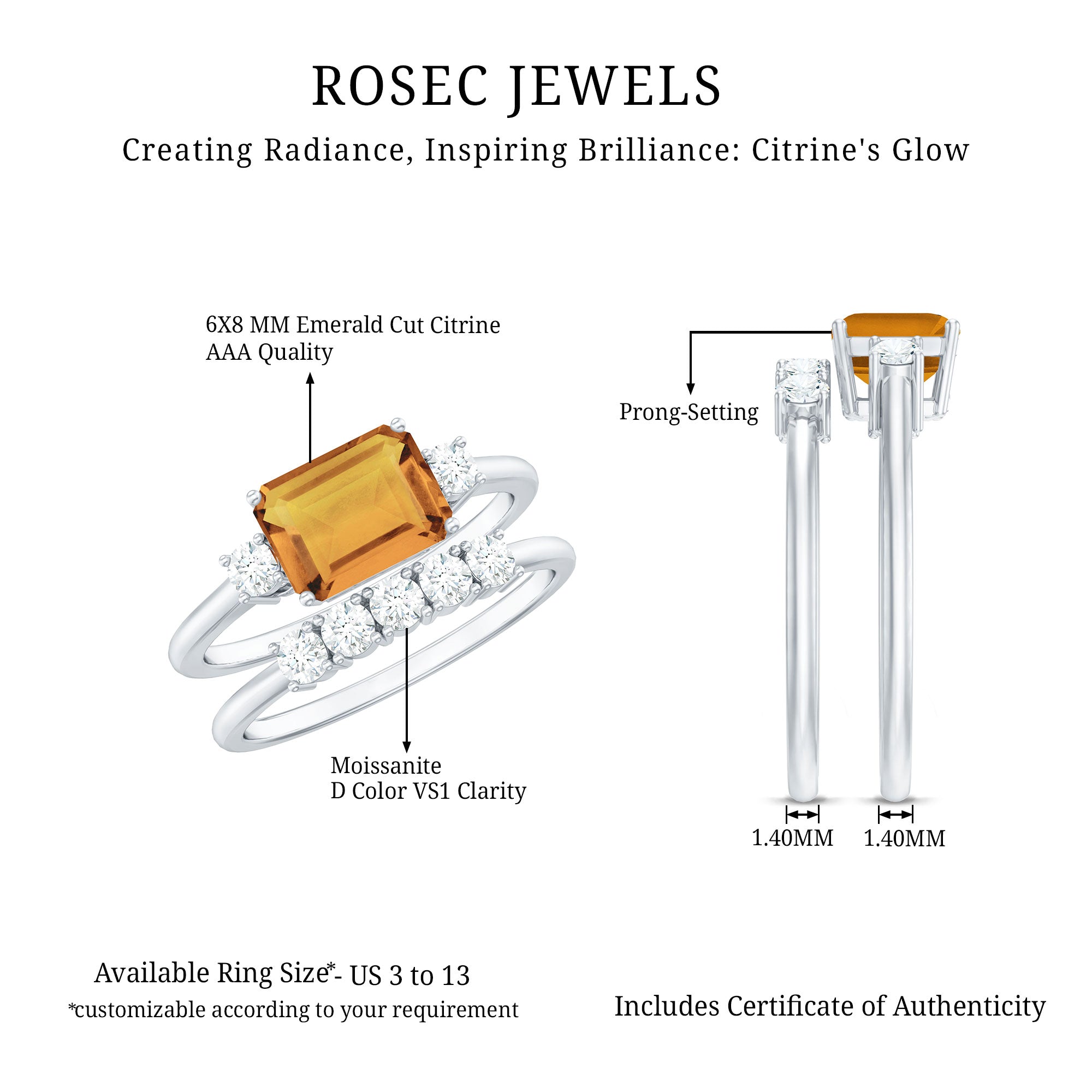 Certified Real Emerald Cut Citrine Wedding Engagement Ring Set with Moissanite