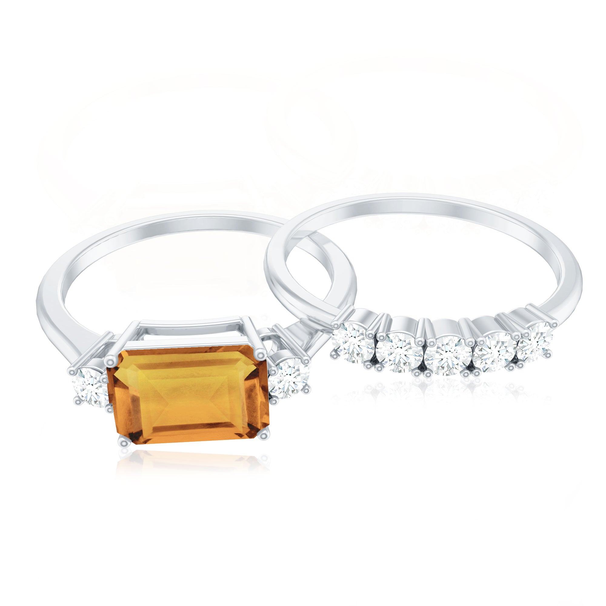 Certified Real Emerald Cut Citrine Wedding Engagement Ring Set with Moissanite