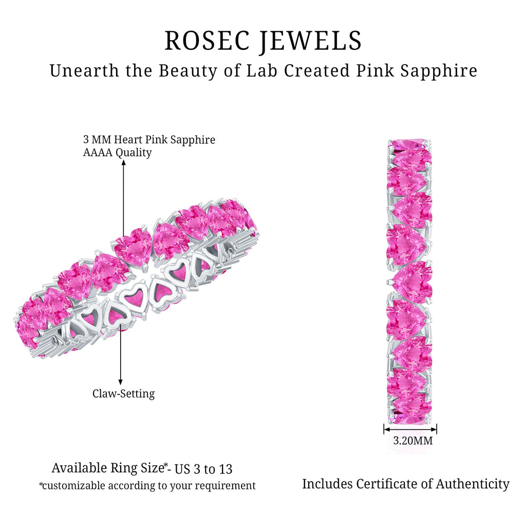 Heart Shape Lab Grown Pink Sapphire Eternity Ring in Claw Setting
