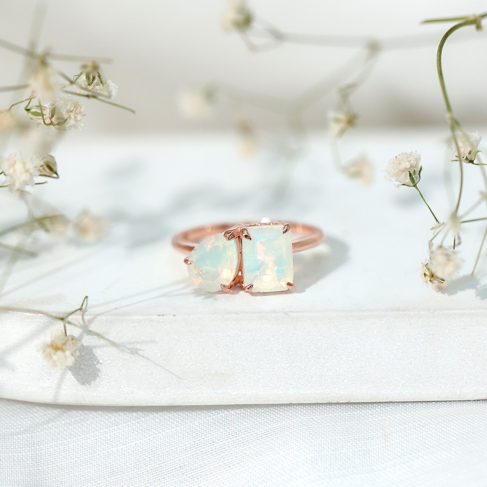 Pear and Emerald Cut Ethiopian Opal Toi Et Moi Engagement Ring