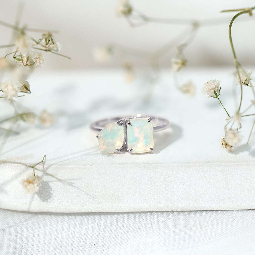 Pear and Emerald Cut Ethiopian Opal Toi Et Moi Engagement Ring