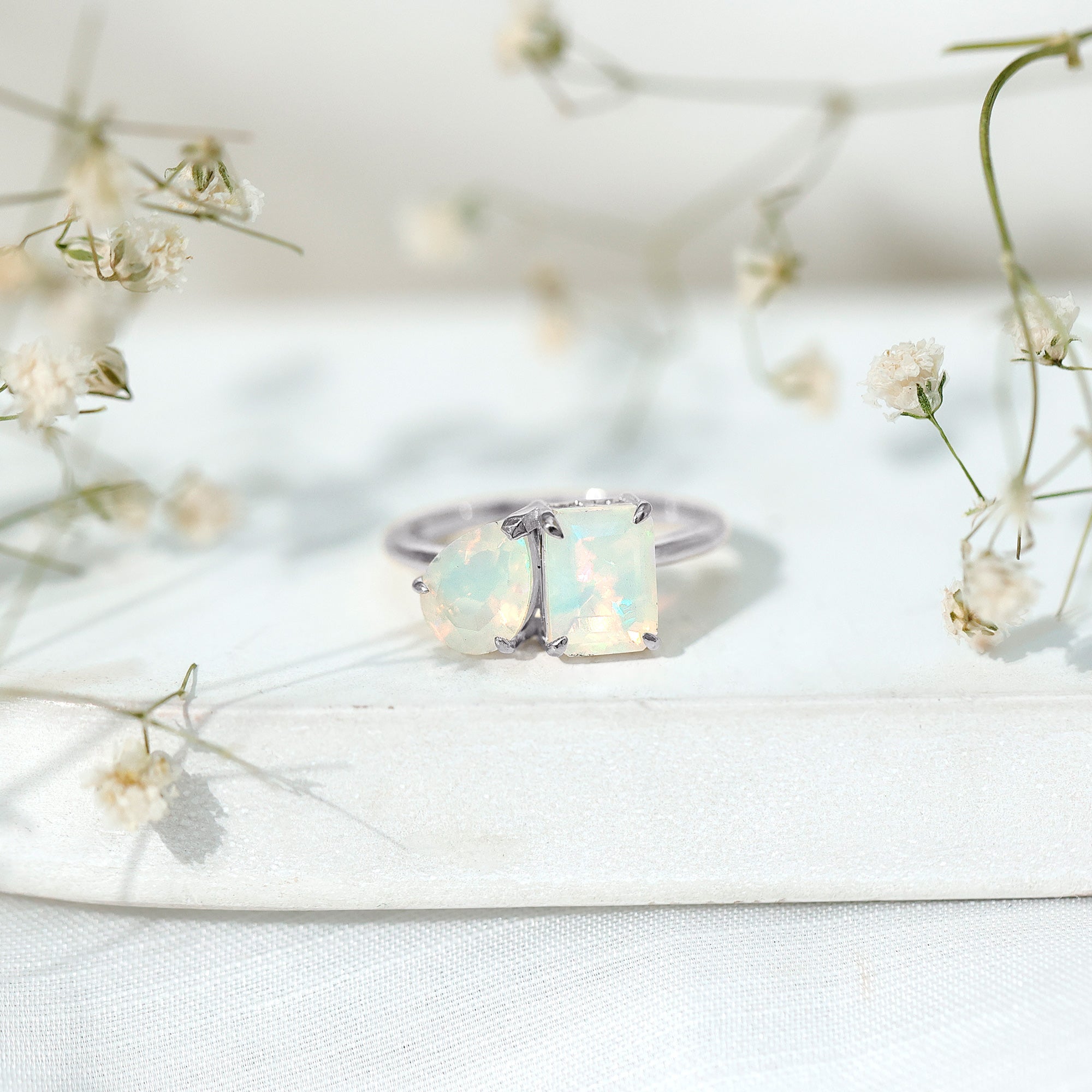 Pear and Emerald Cut Ethiopian Opal Toi Et Moi Engagement Ring