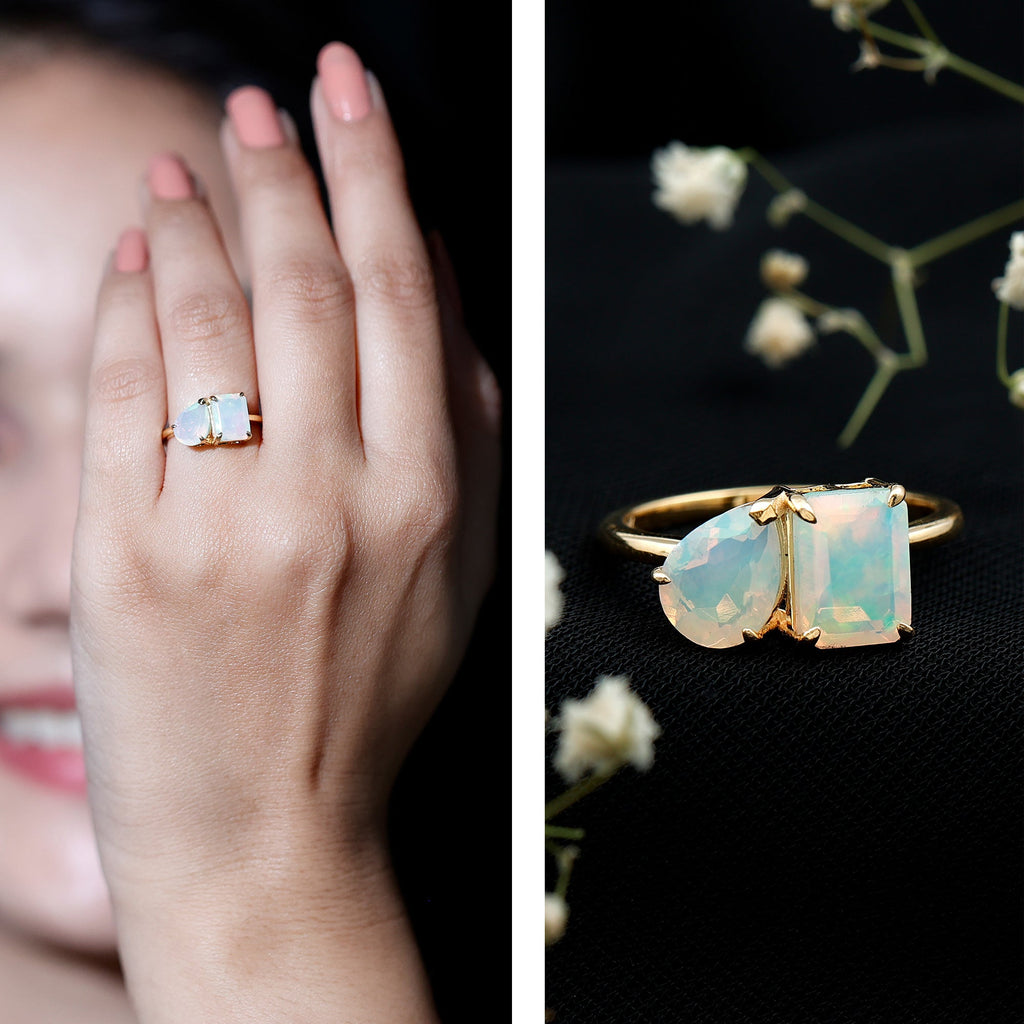 Pear and Emerald Cut Ethiopian Opal Toi Et Moi Engagement Ring