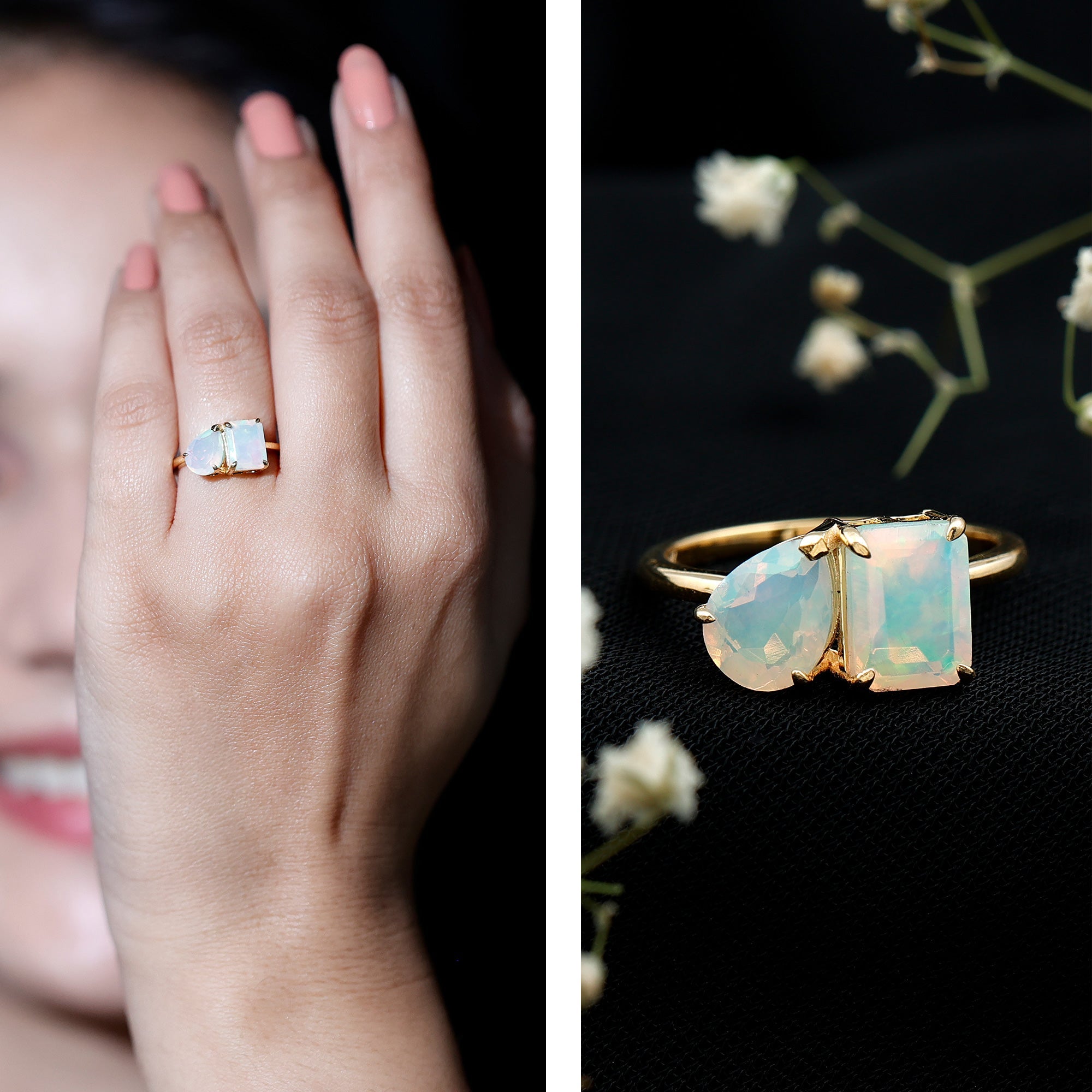 Pear and Emerald Cut Ethiopian Opal Toi Et Moi Engagement Ring