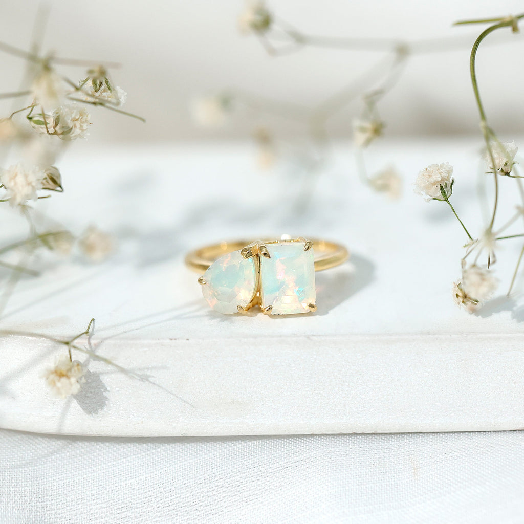 Pear and Emerald Cut Ethiopian Opal Toi Et Moi Engagement Ring