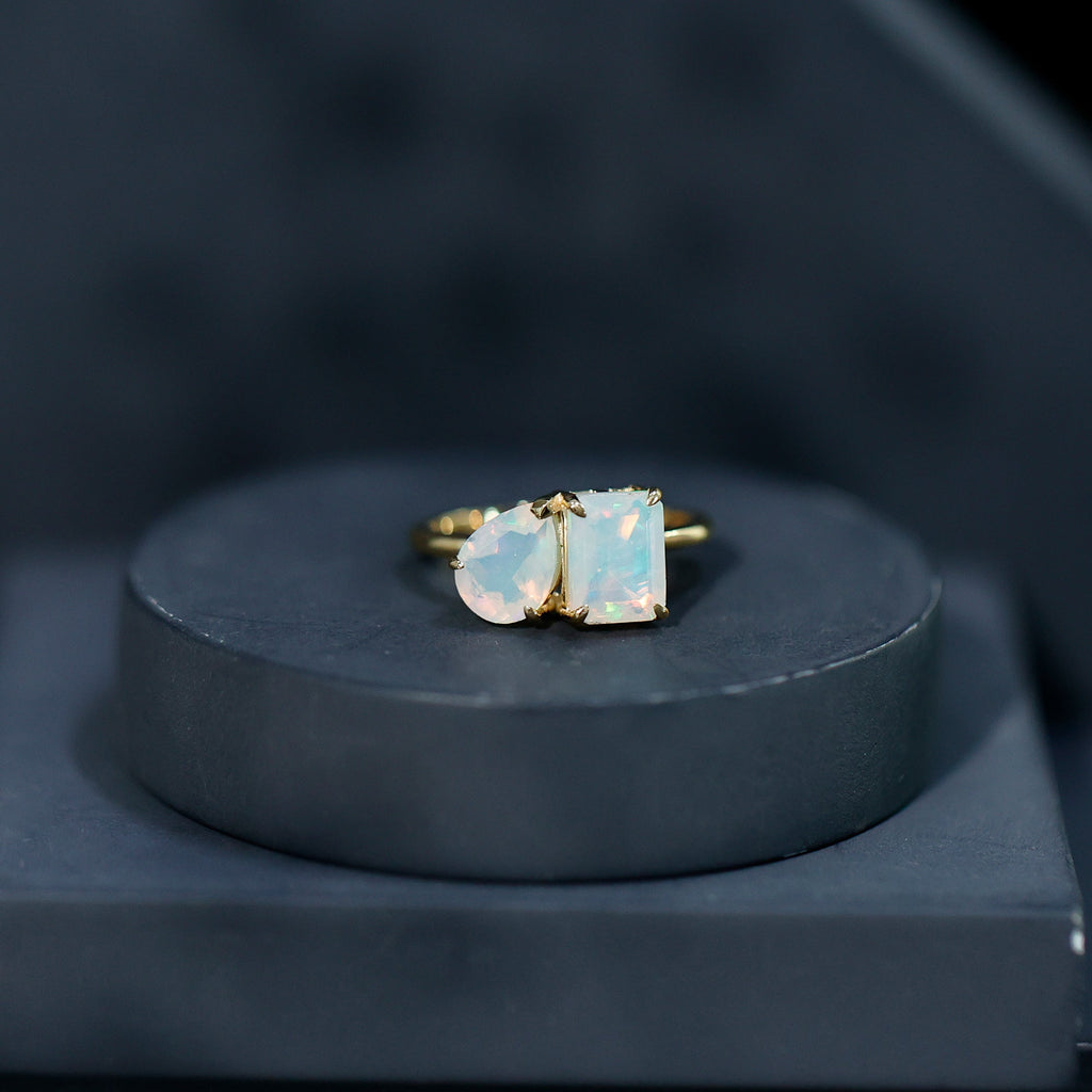 Pear and Emerald Cut Ethiopian Opal Toi Et Moi Engagement Ring