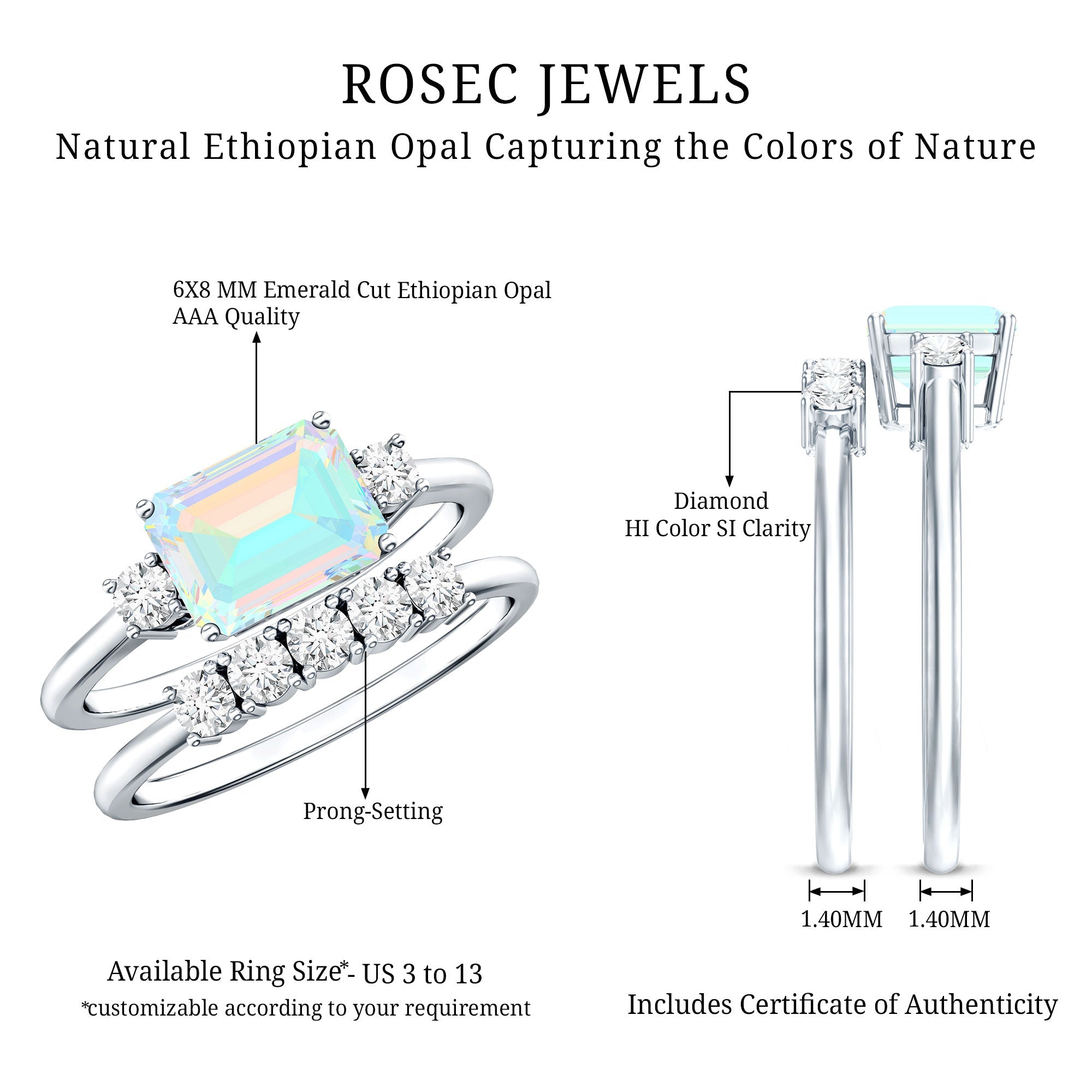 Natural Ethiopian Opal Diamond Emerald Cut Engagement Ring and Wedding Band Set
