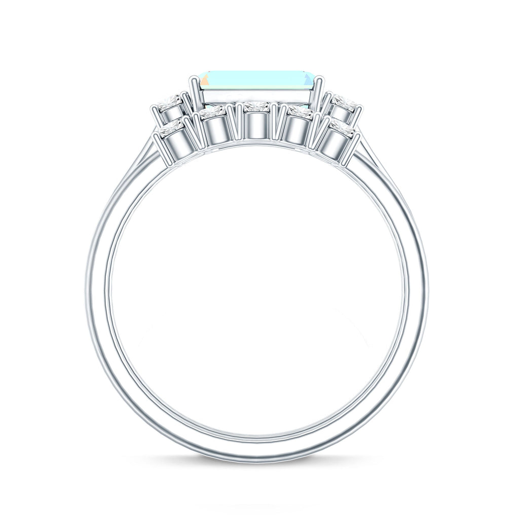 Natural Ethiopian Opal Diamond Emerald Cut Engagement Ring and Wedding Band Set