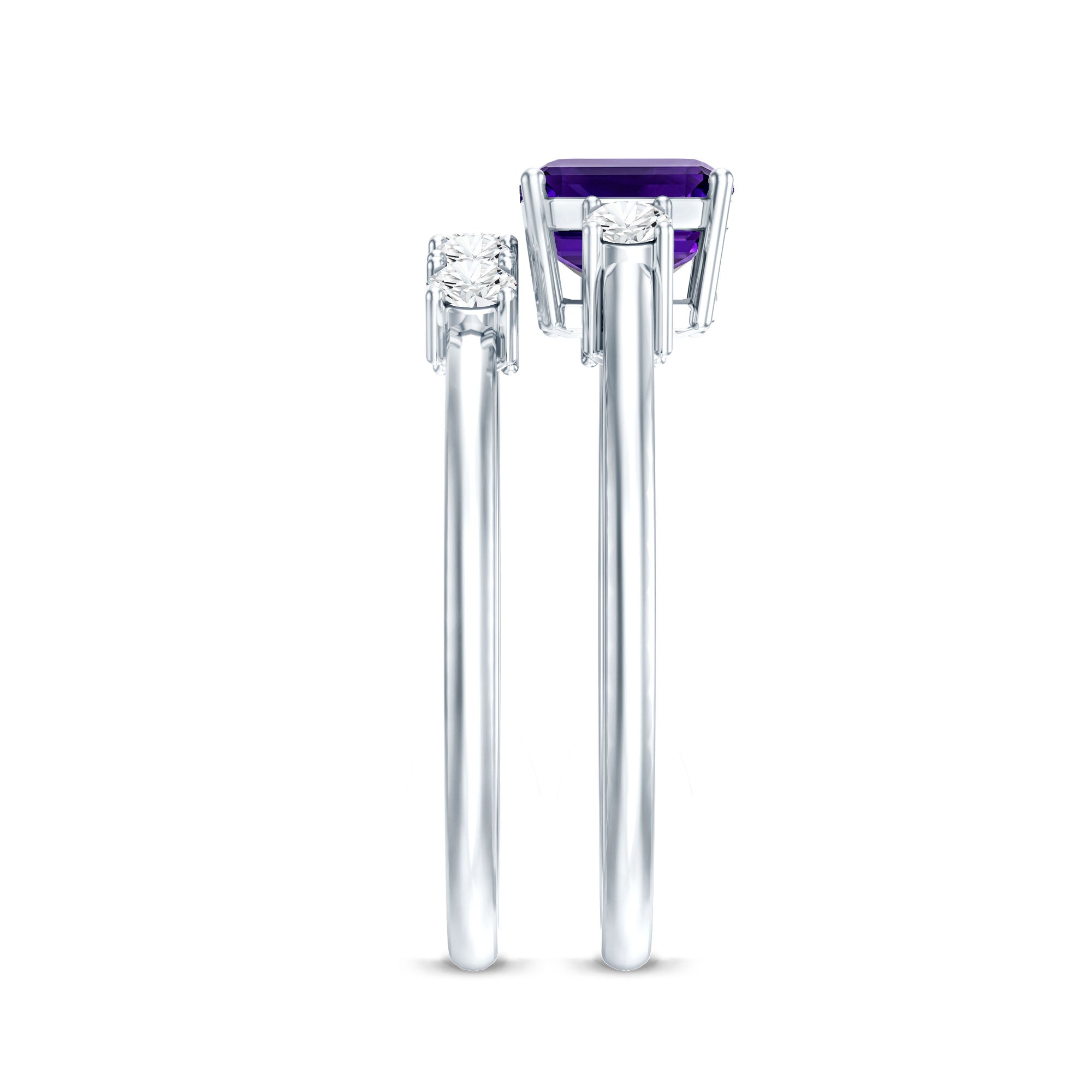 Octagon Cut Amethyst Contemporary Wedding Ring Set with Diamond