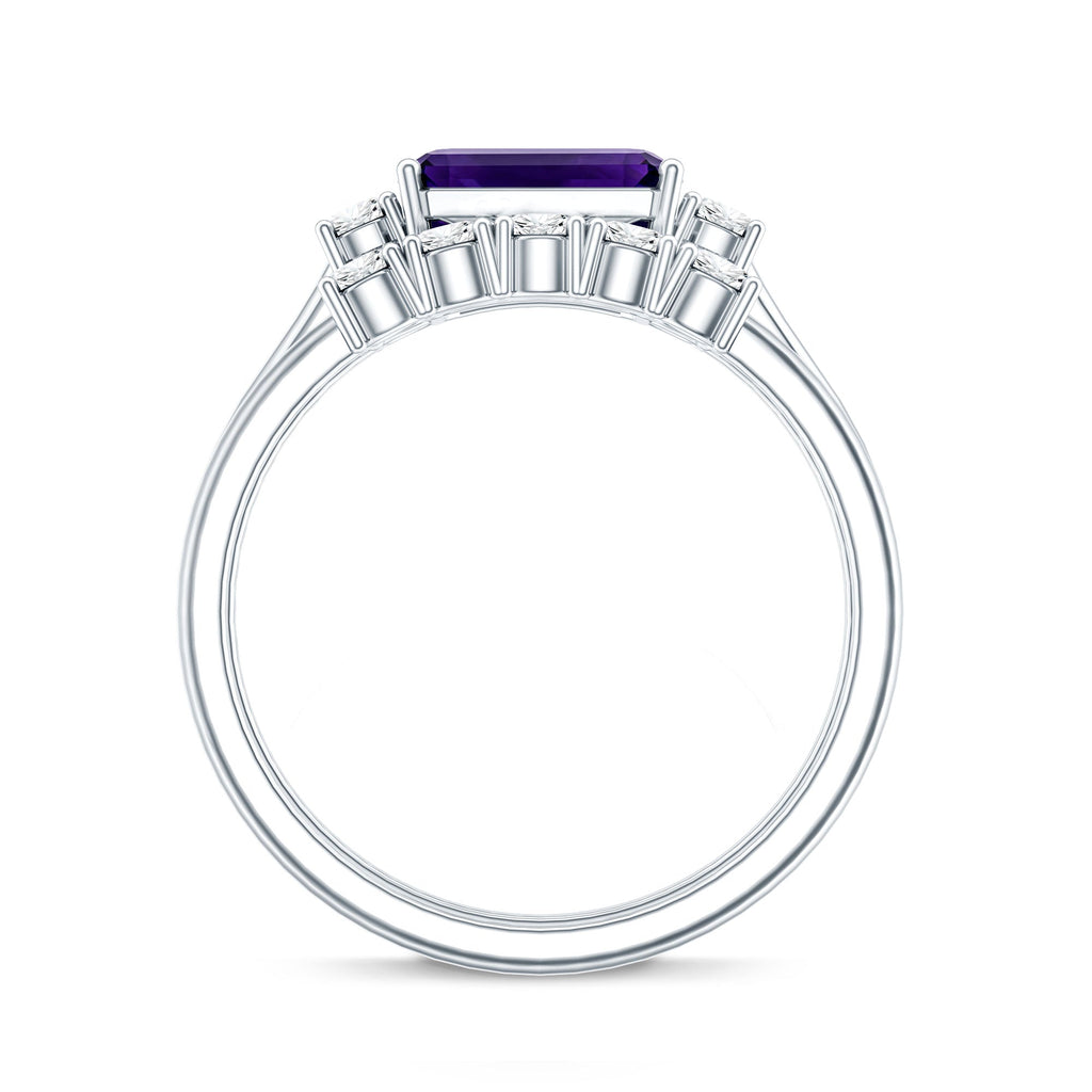 Octagon Cut Amethyst Contemporary Wedding Ring Set with Diamond