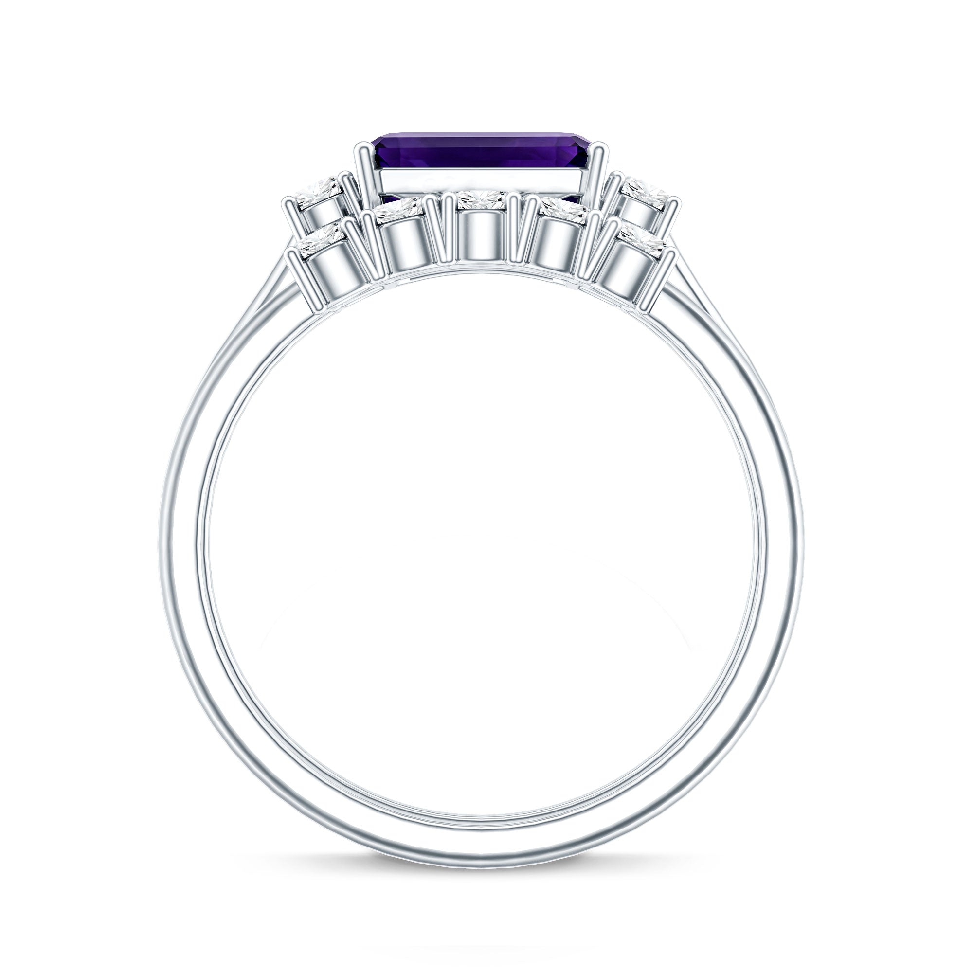 Octagon Cut Amethyst Contemporary Wedding Ring Set with Diamond