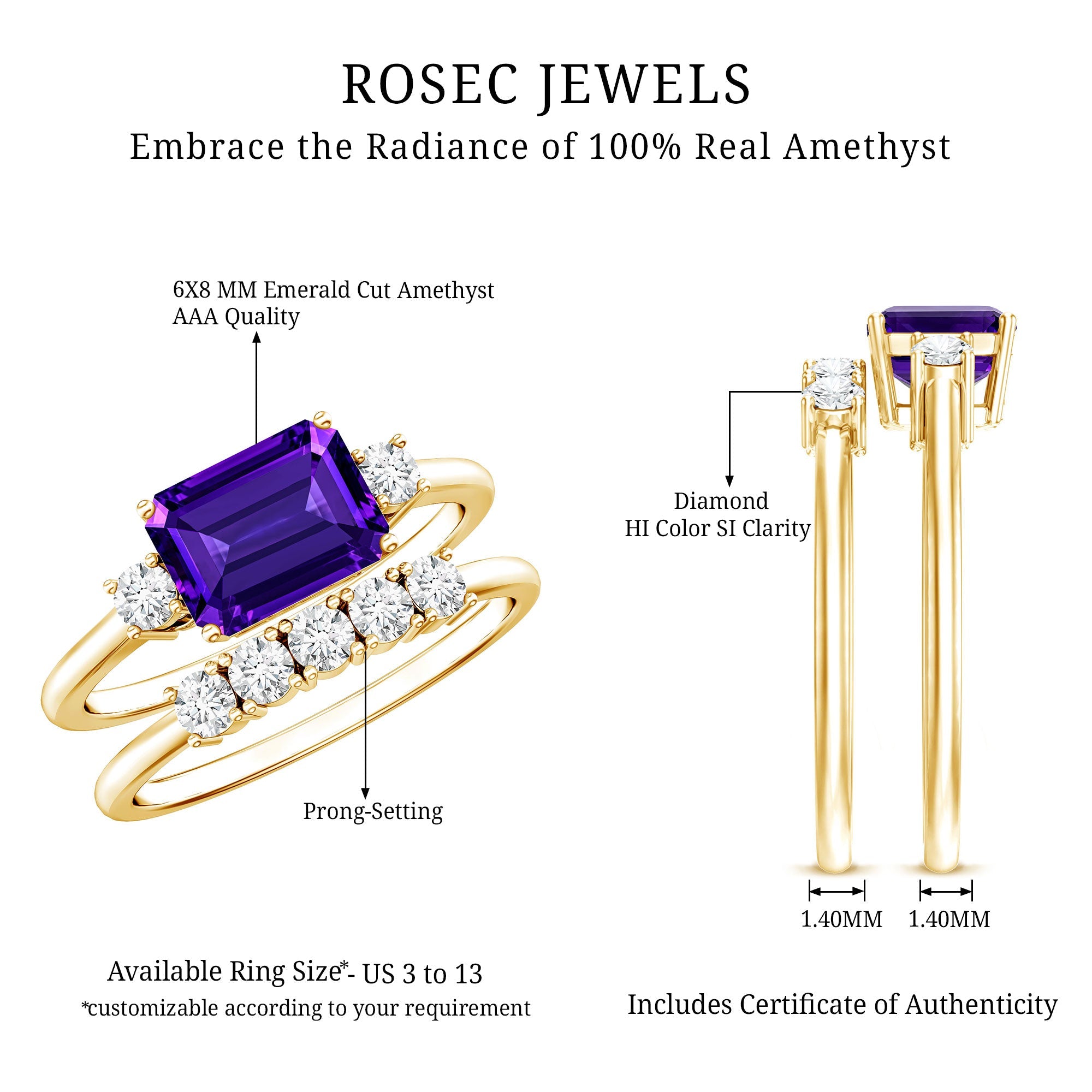 Octagon Cut Amethyst Contemporary Wedding Ring Set with Diamond