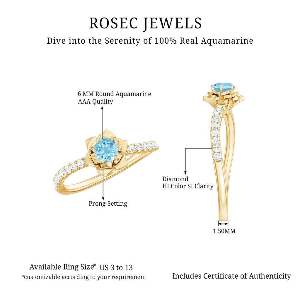 Floral Inspired Aquamarine Rose Engagement Ring with Diamond