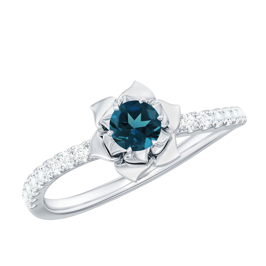 0.6 Carat Round London Blue Topaz Floral Engagement Ring with Diamond