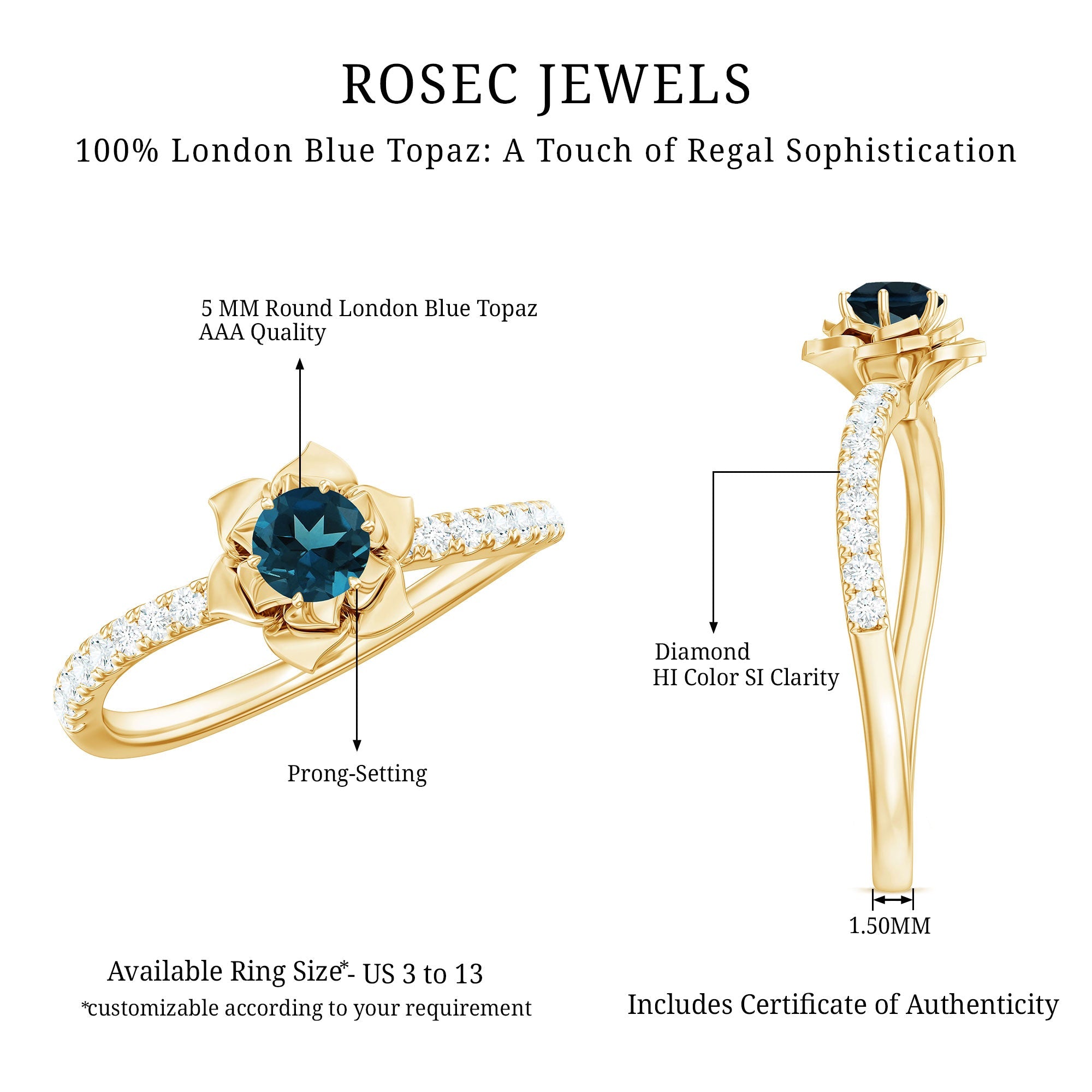 0.6 Carat Round London Blue Topaz Floral Engagement Ring with Diamond