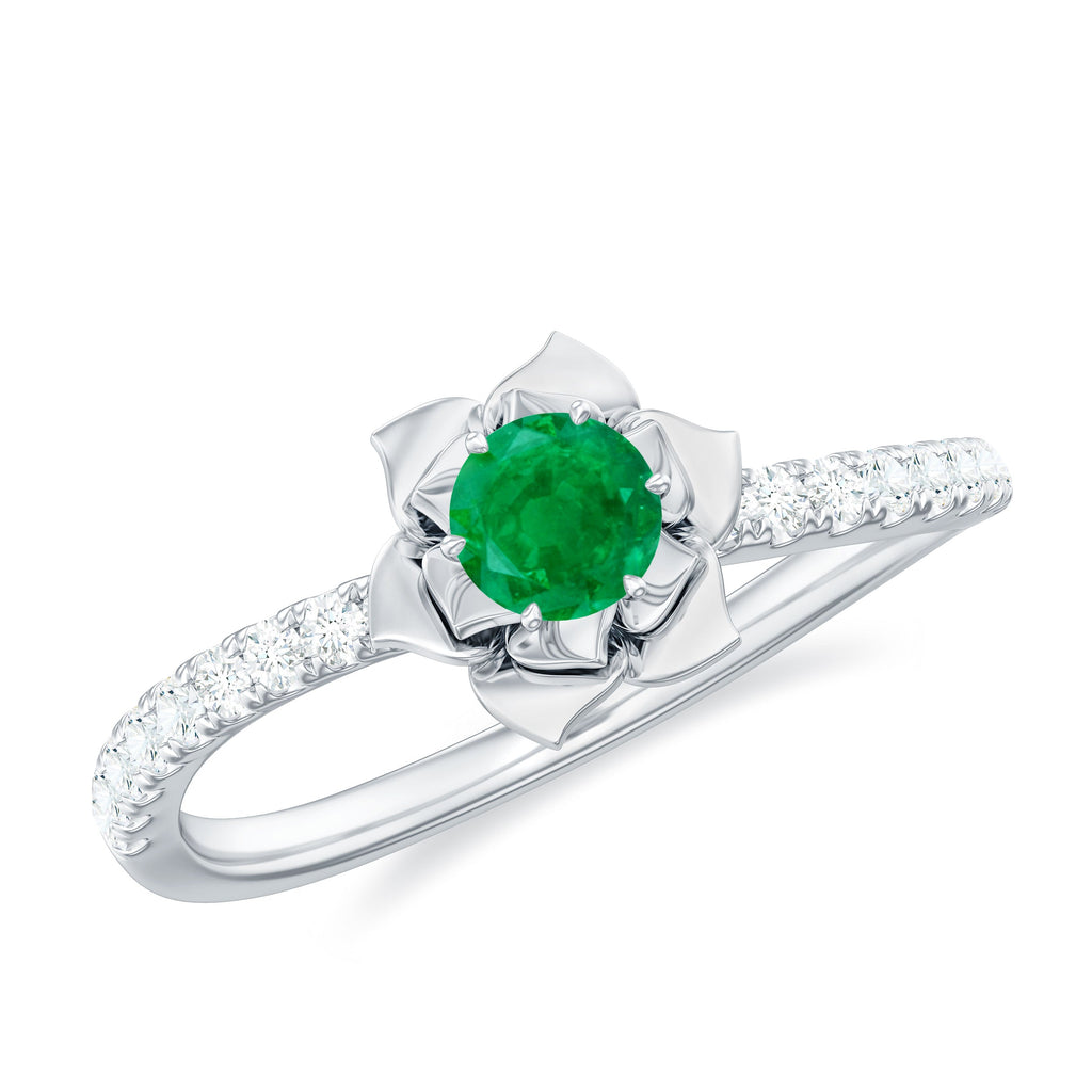 Genuine Emerald Flower Engagement Ring with Diamond