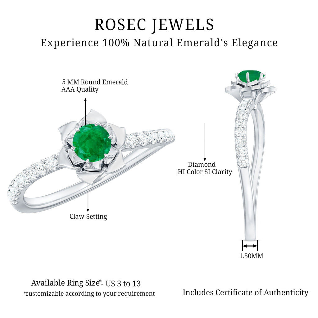 Genuine Emerald Flower Engagement Ring with Diamond