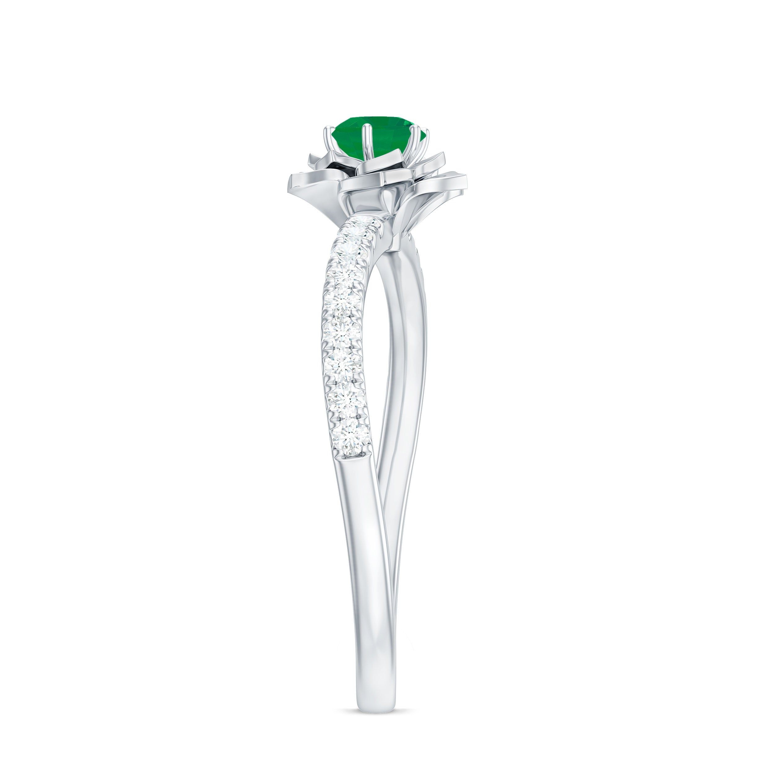 Genuine Emerald Flower Engagement Ring with Diamond