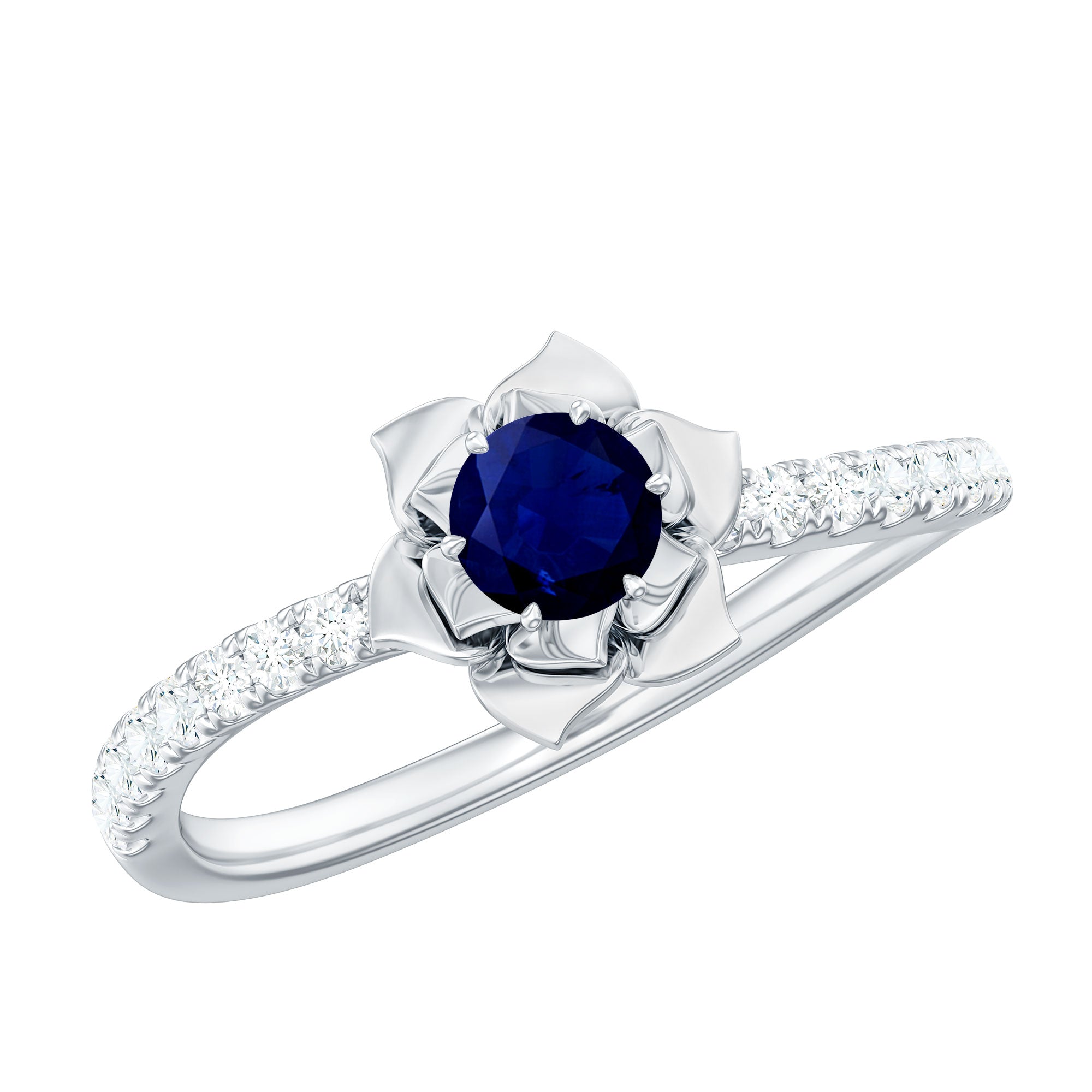 Real 0.9 Carat Blue Sapphire Rose Flower Engagement Ring with Diamond