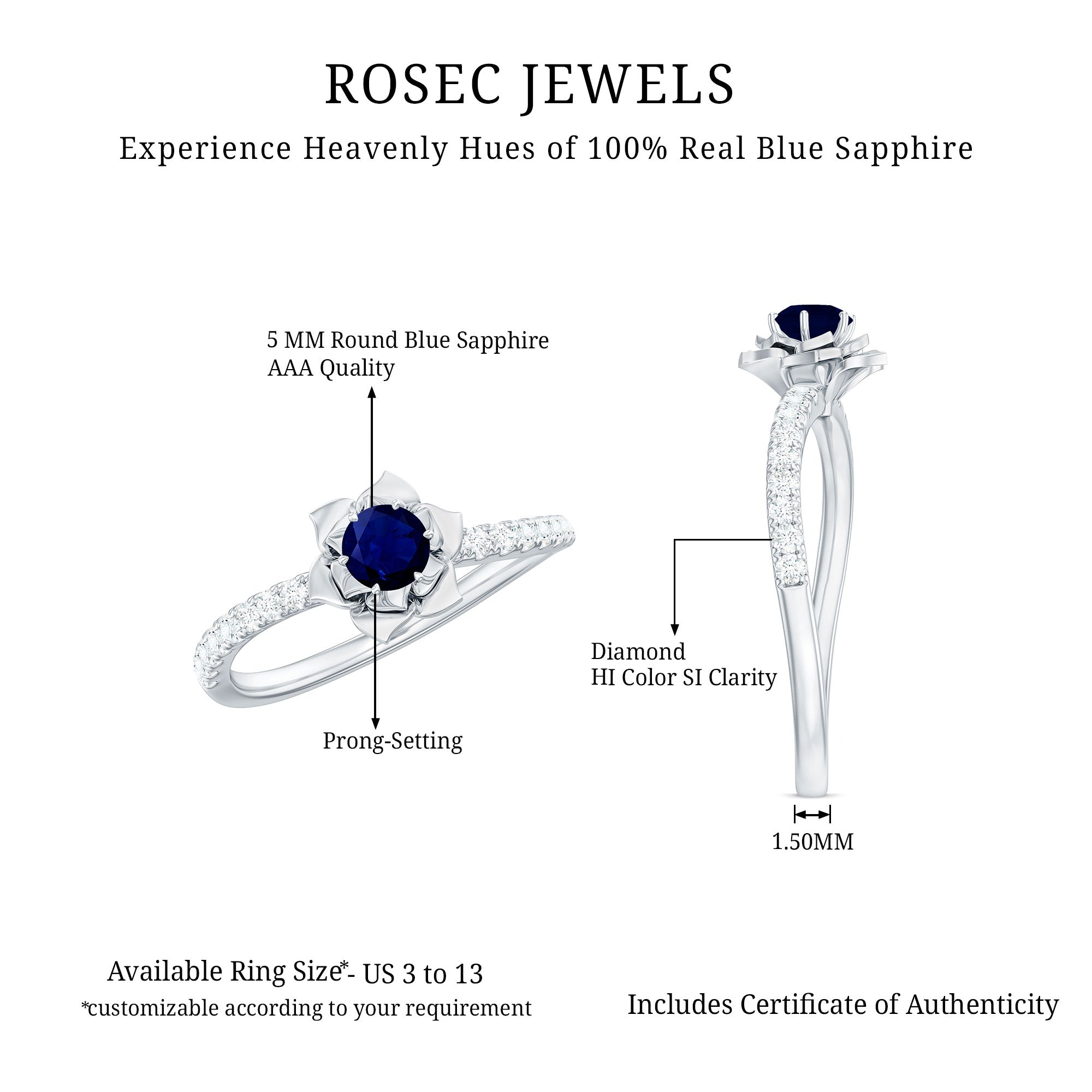 Real 0.9 Carat Blue Sapphire Rose Flower Engagement Ring with Diamond