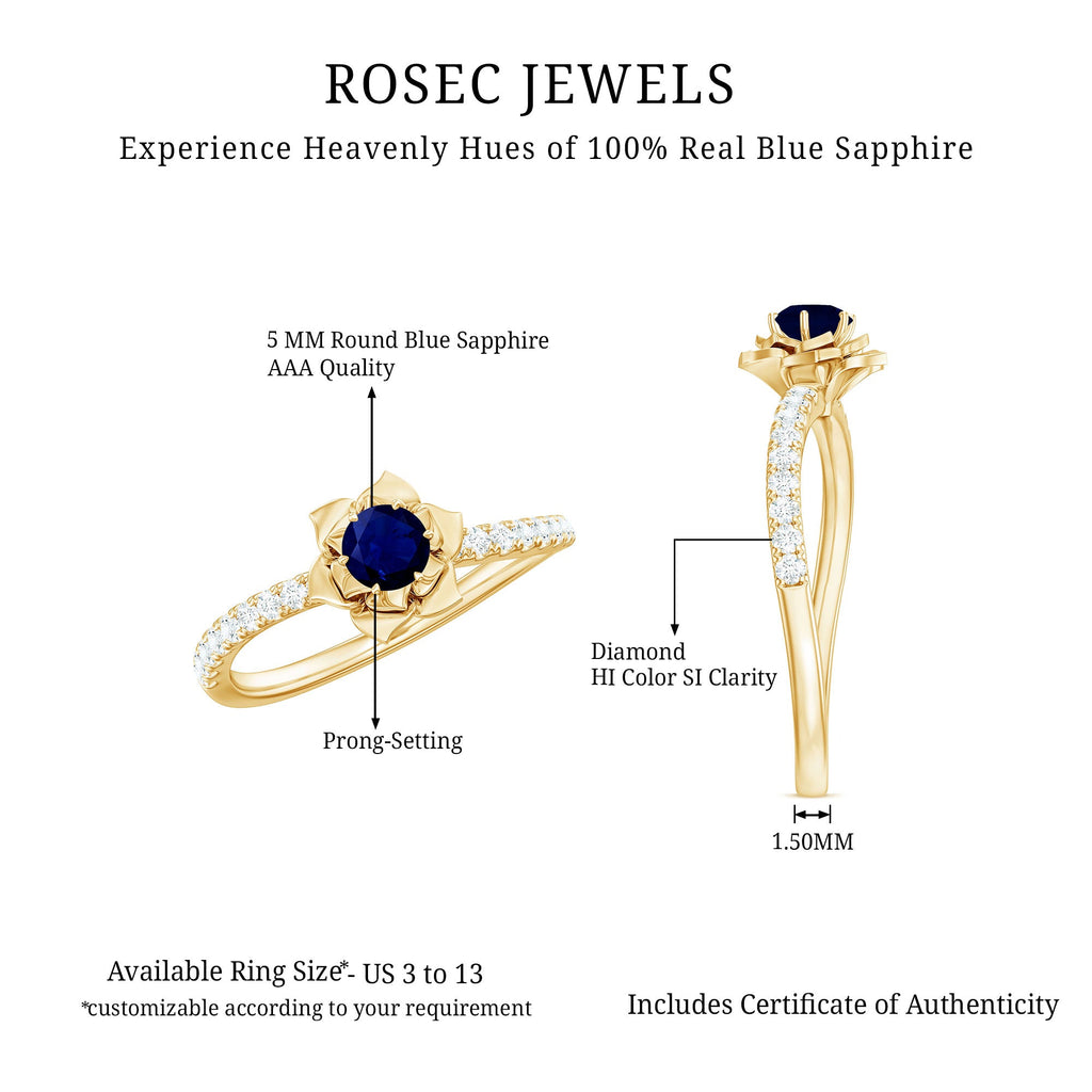 Real 0.9 Carat Blue Sapphire Rose Flower Engagement Ring with Diamond