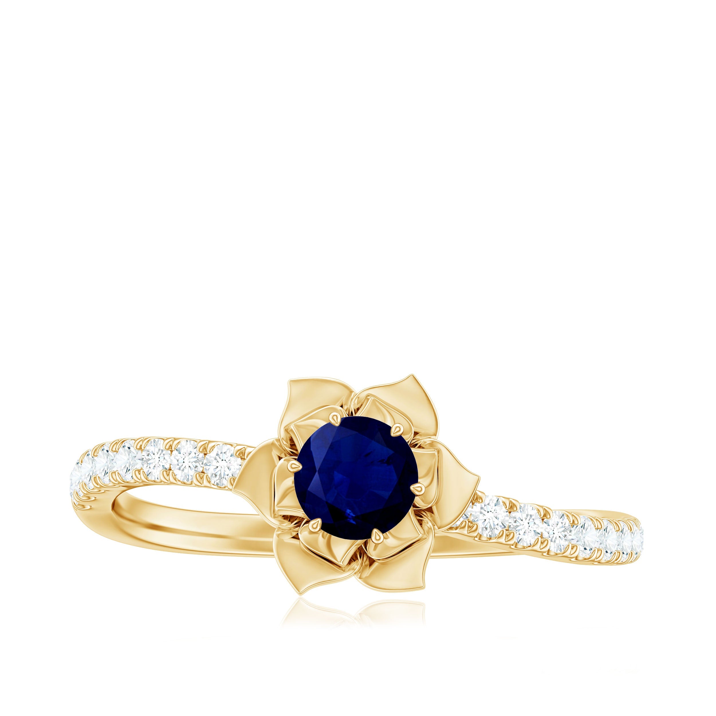 Real 0.9 Carat Blue Sapphire Rose Flower Engagement Ring with Diamond