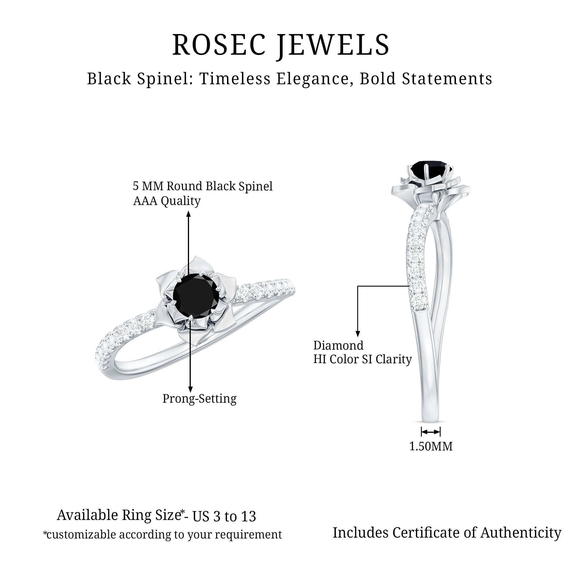 Certified Real Black Spinel Flower Engagement Ring with Diamond