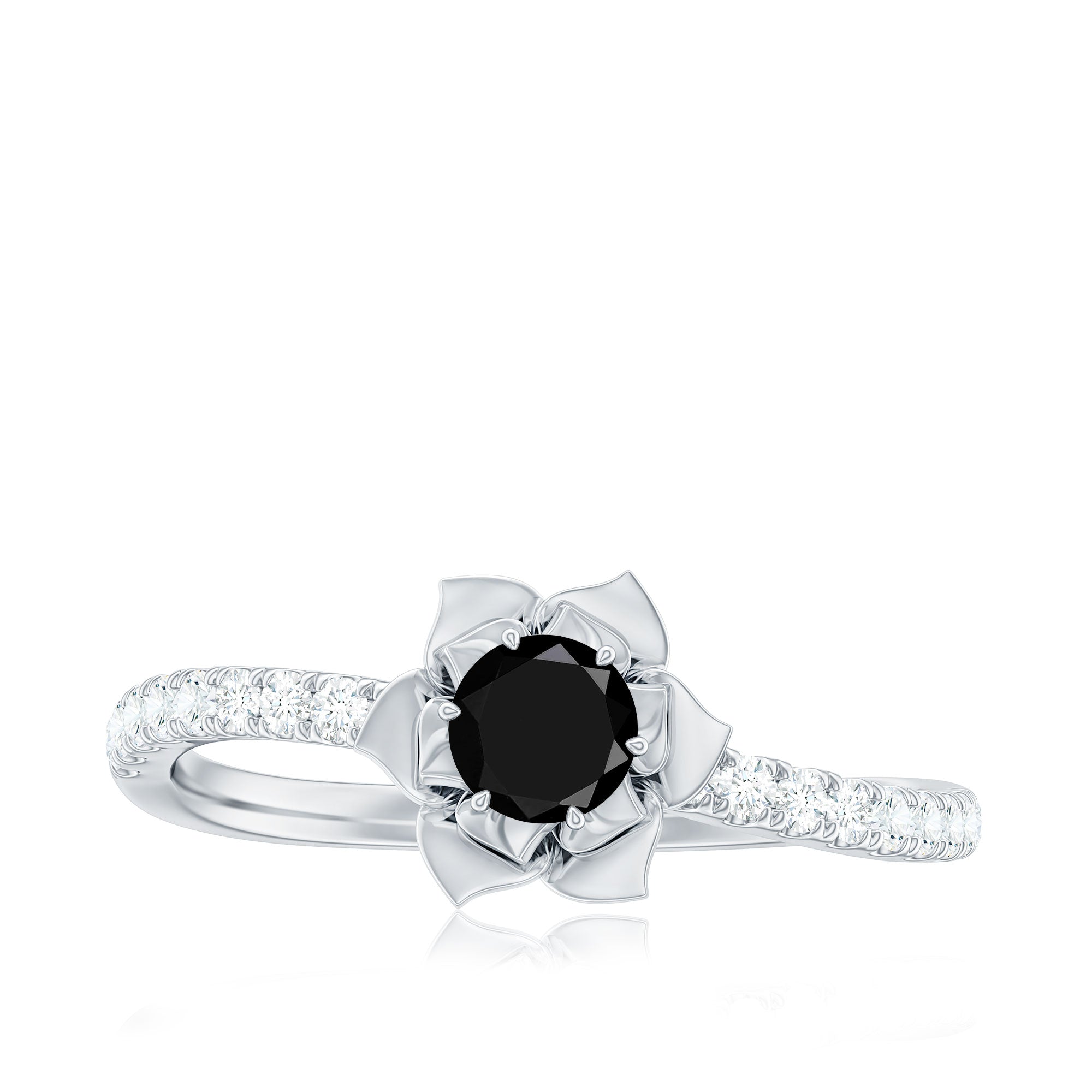 Certified Real Black Spinel Flower Engagement Ring with Diamond