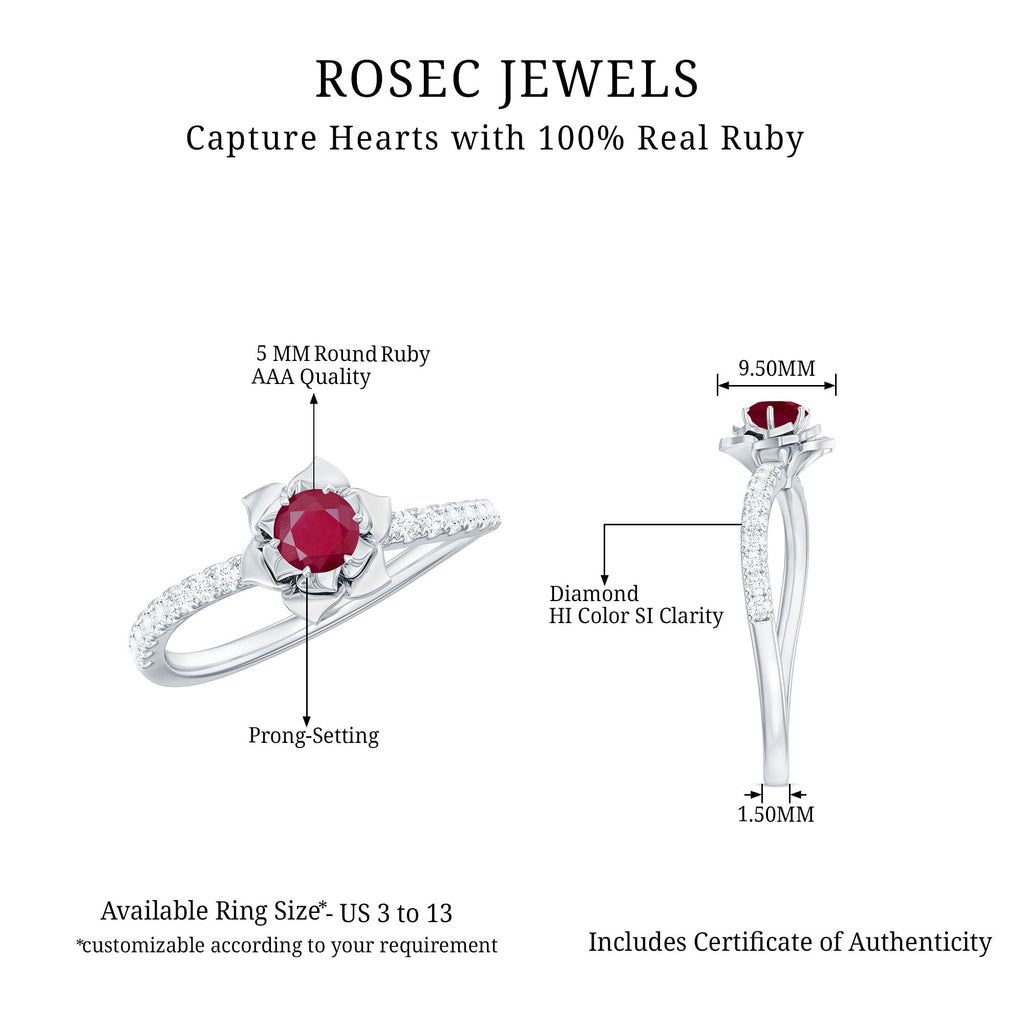 Natural 0.6 Carat Ruby Flower Engagement Ring with Diamond