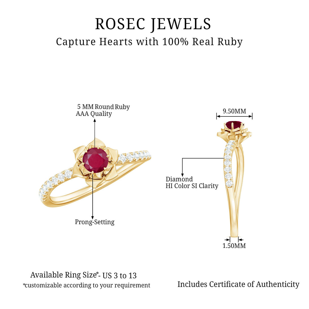 Natural 0.6 Carat Ruby Flower Engagement Ring with Diamond