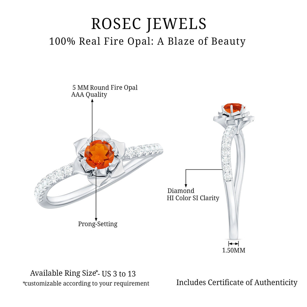0.45 Carat Fire Opal Flower Engagement Ring with Diamond