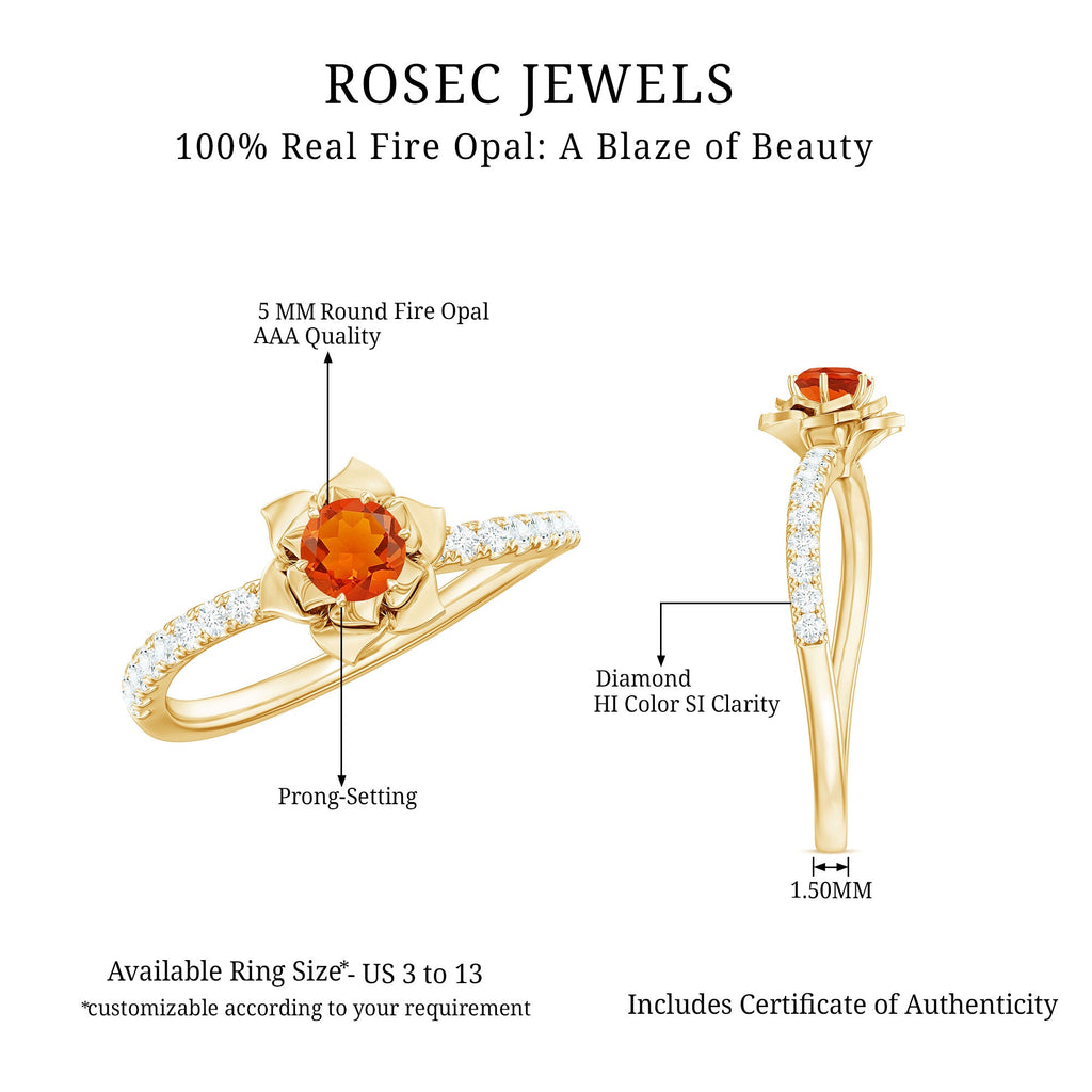 0.45 Carat Fire Opal Flower Engagement Ring with Diamond