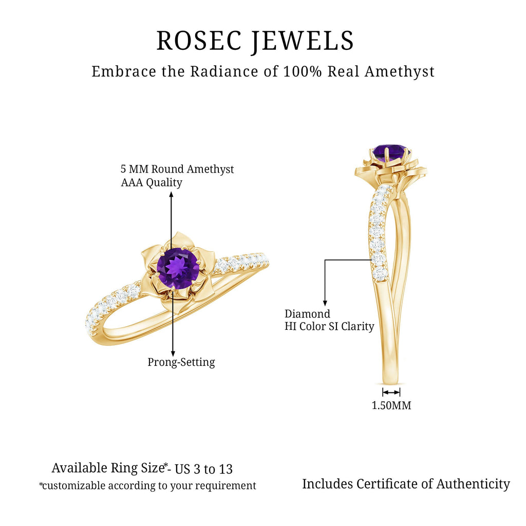 Natural Amethyst Rose Engagement Ring with Diamond