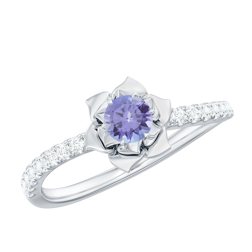 Genuine Tanzanite Rose Flower Engagement Ring with Diamond Curved Shank