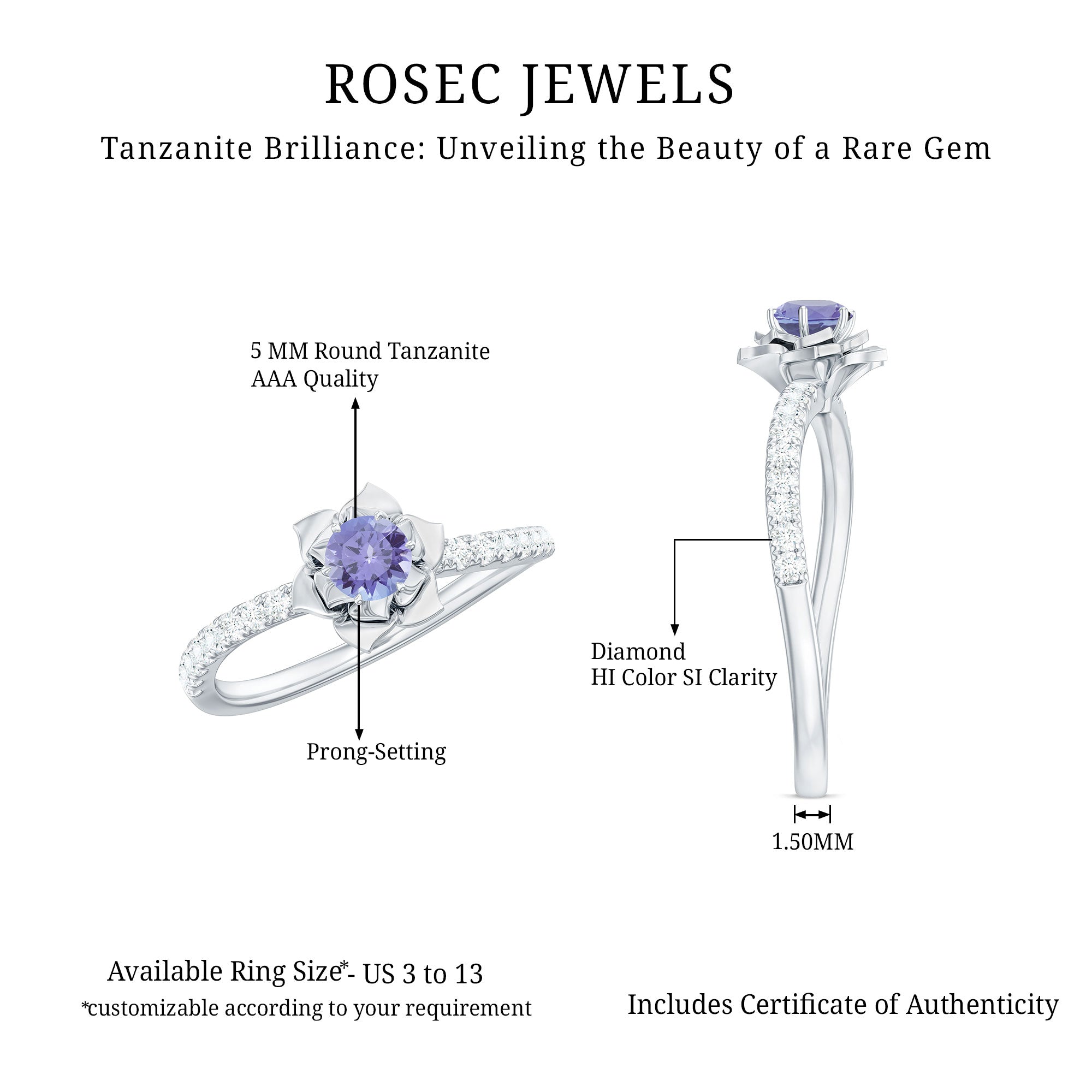 Genuine Tanzanite Rose Flower Engagement Ring with Diamond Curved Shank