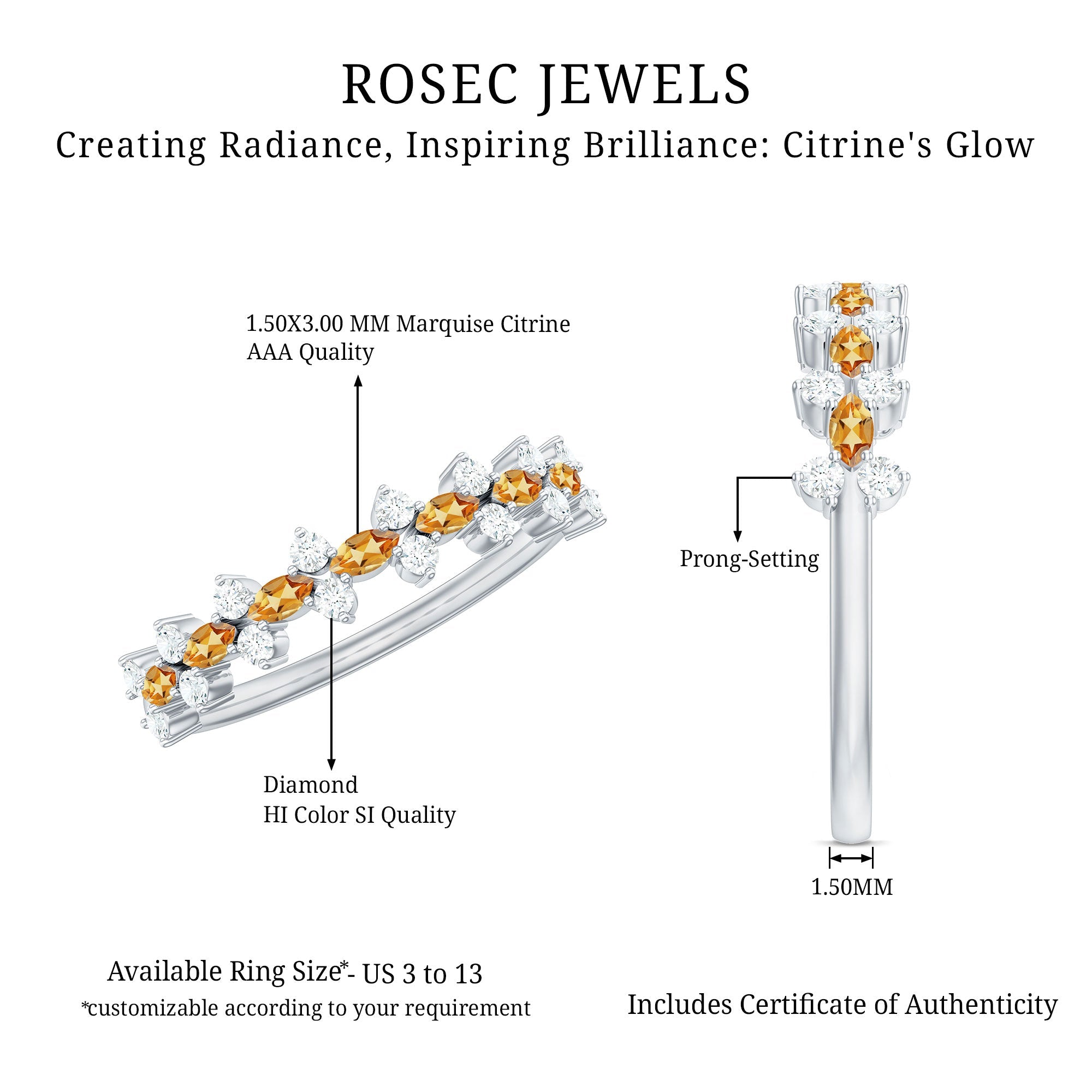 Natural Citrine Diamond Half Eternity Ring with Certificate