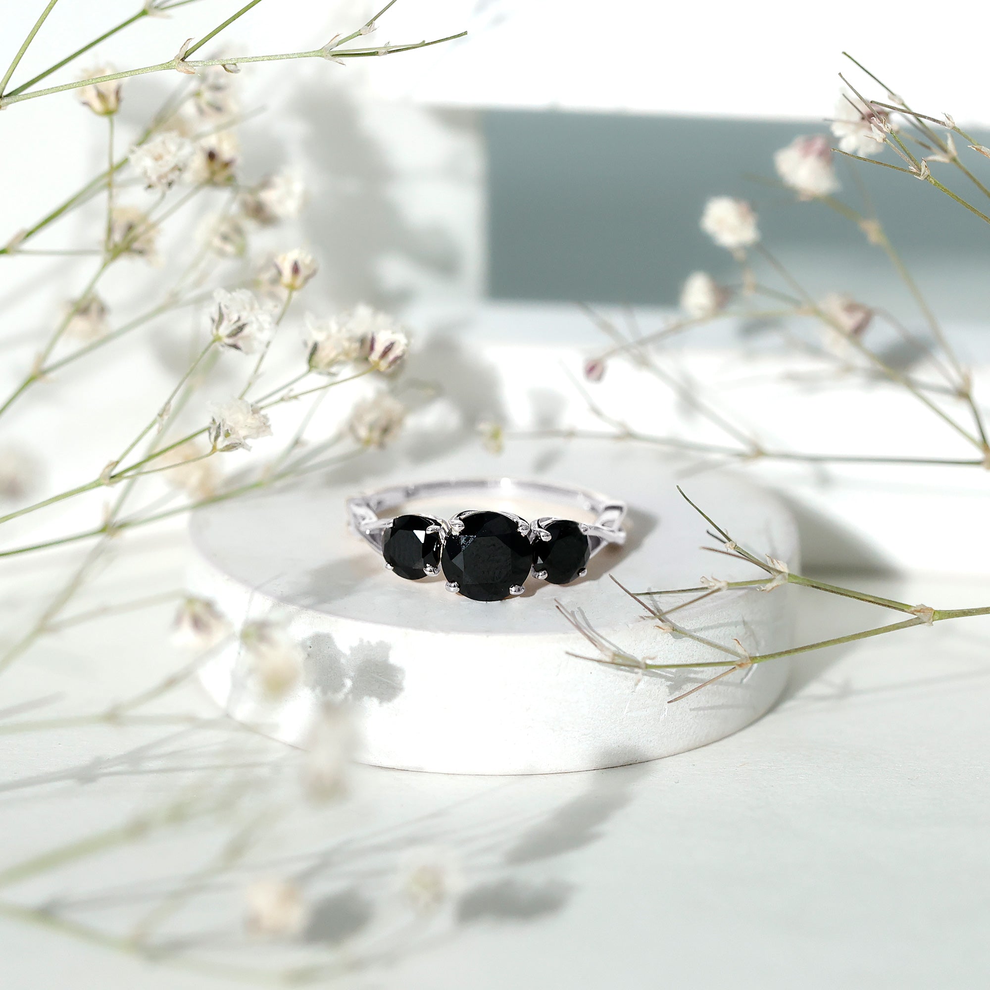 Natural Black Spinel 3 Stone Engagement Ring for Women
