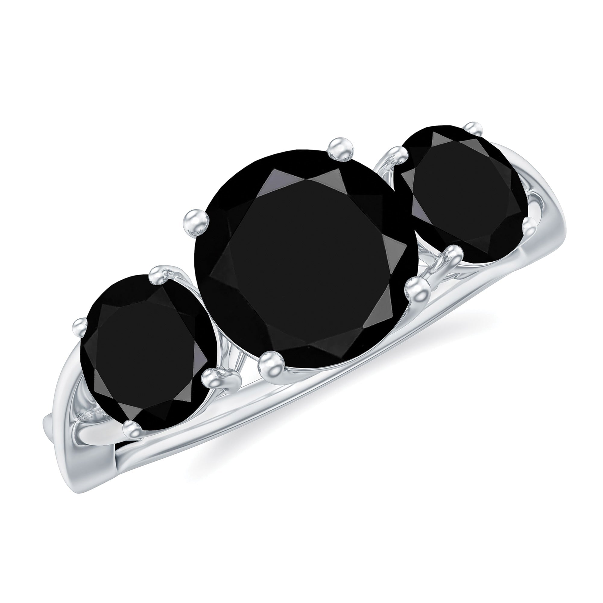 Genuine Black Onyx Three Stone Engagement Ring with Crossover Band