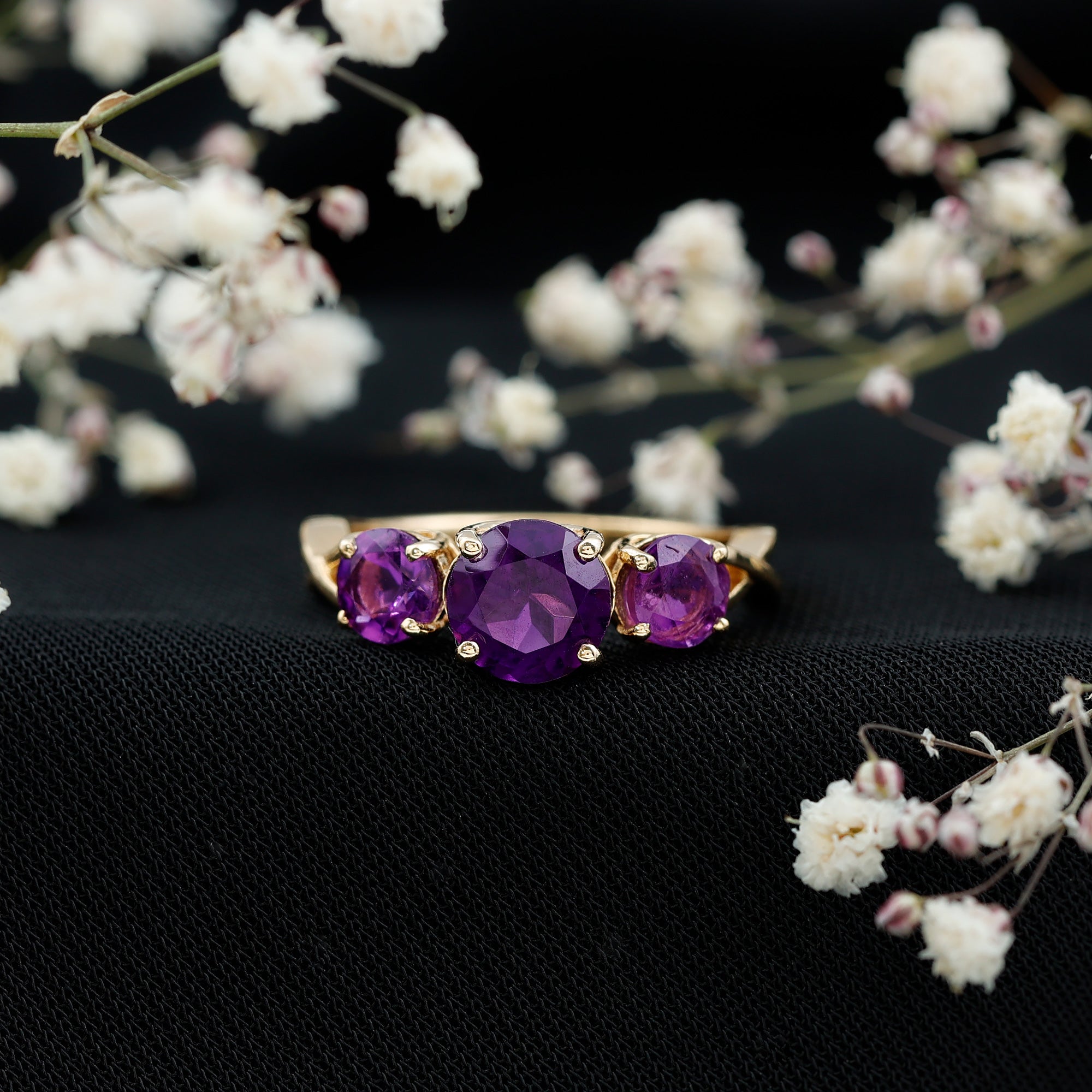 Natural Amethyst 3 Stone Engagement Ring for Women