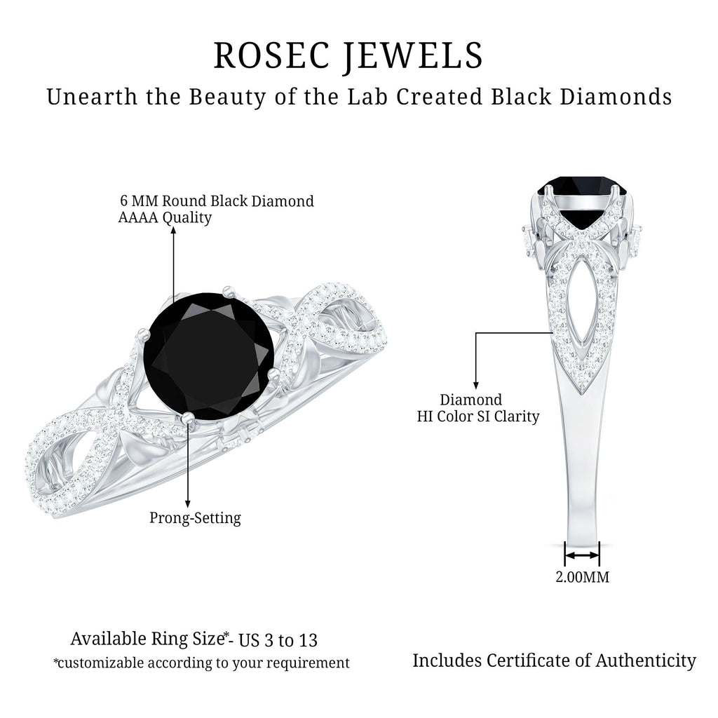1.3 Carat Lab Grown Black and White Diamond Engagement Ring with Crossover Shank