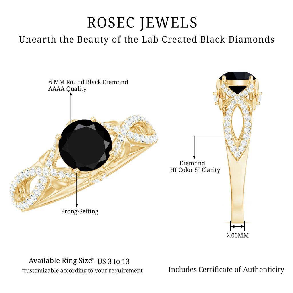 1.3 Carat Lab Grown Black and White Diamond Engagement Ring with Crossover Shank