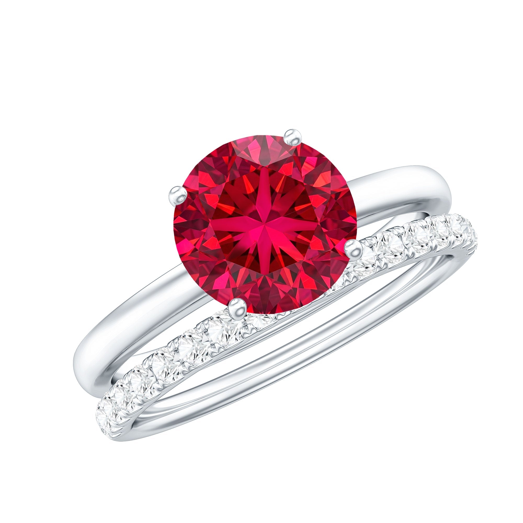 3 CT Solitaire Created Ruby Wedding Ring Set with Diamond