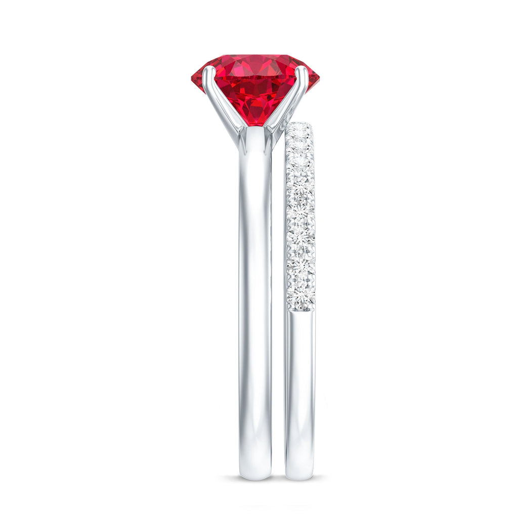3 CT Solitaire Created Ruby Wedding Ring Set with Diamond