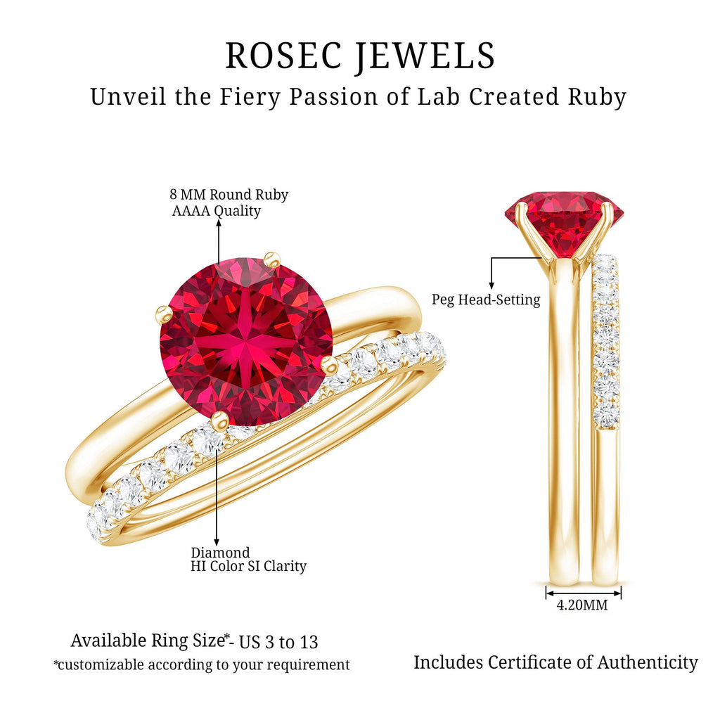 3 CT Solitaire Created Ruby Wedding Ring Set with Diamond