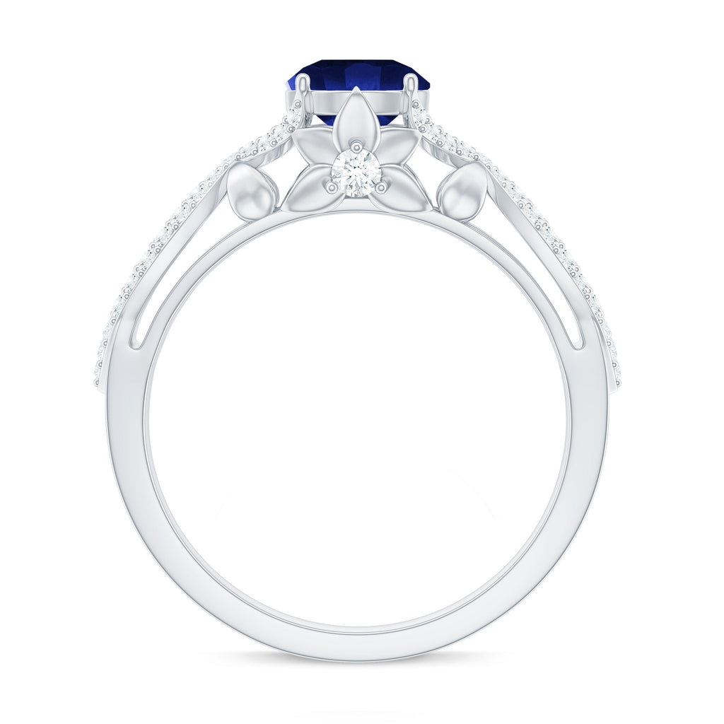 1 Carat Lab Grown Blue Sapphire Engagement Ring with Diamond Crossover Shank