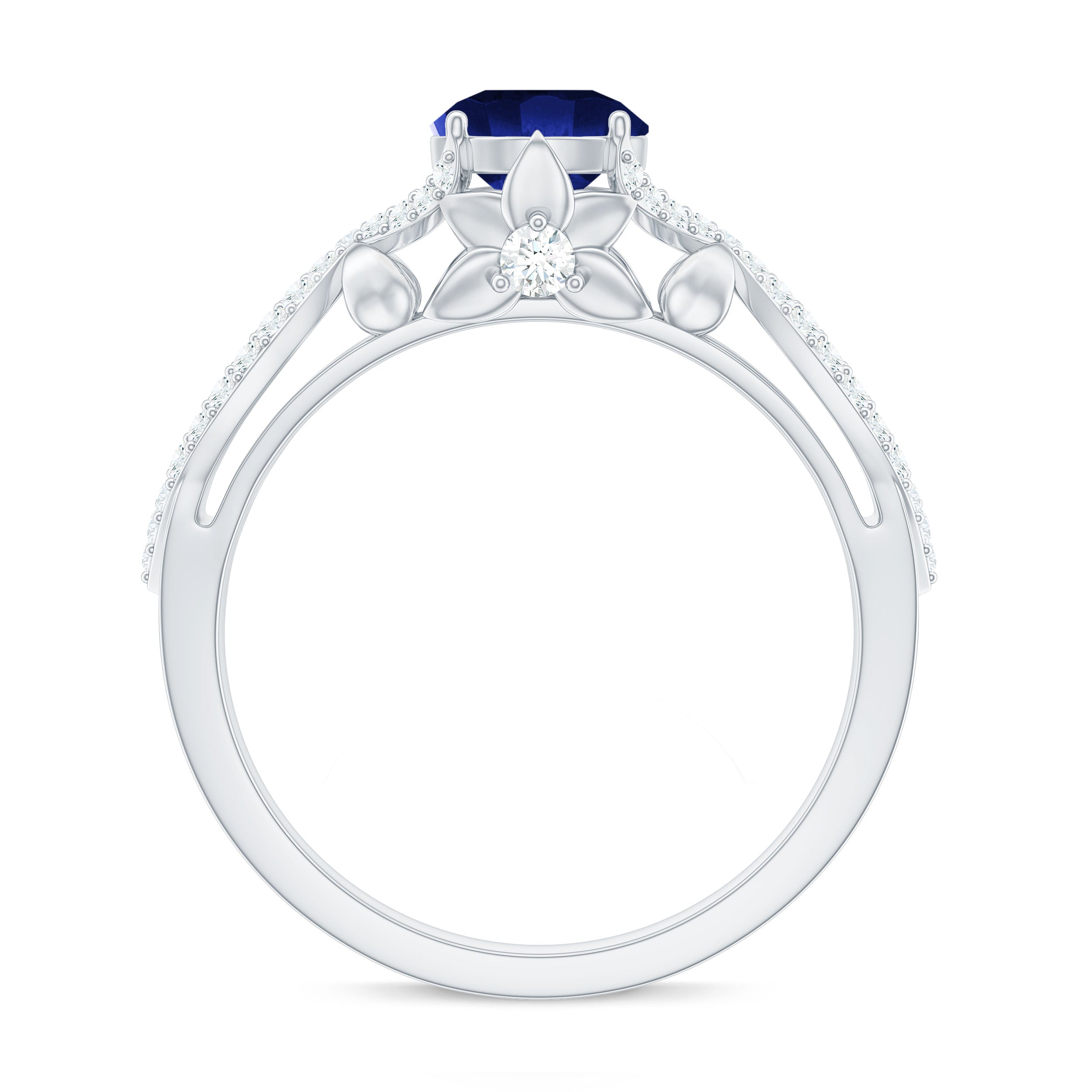 1 Carat Lab Grown Blue Sapphire Engagement Ring with Diamond Crossover Shank